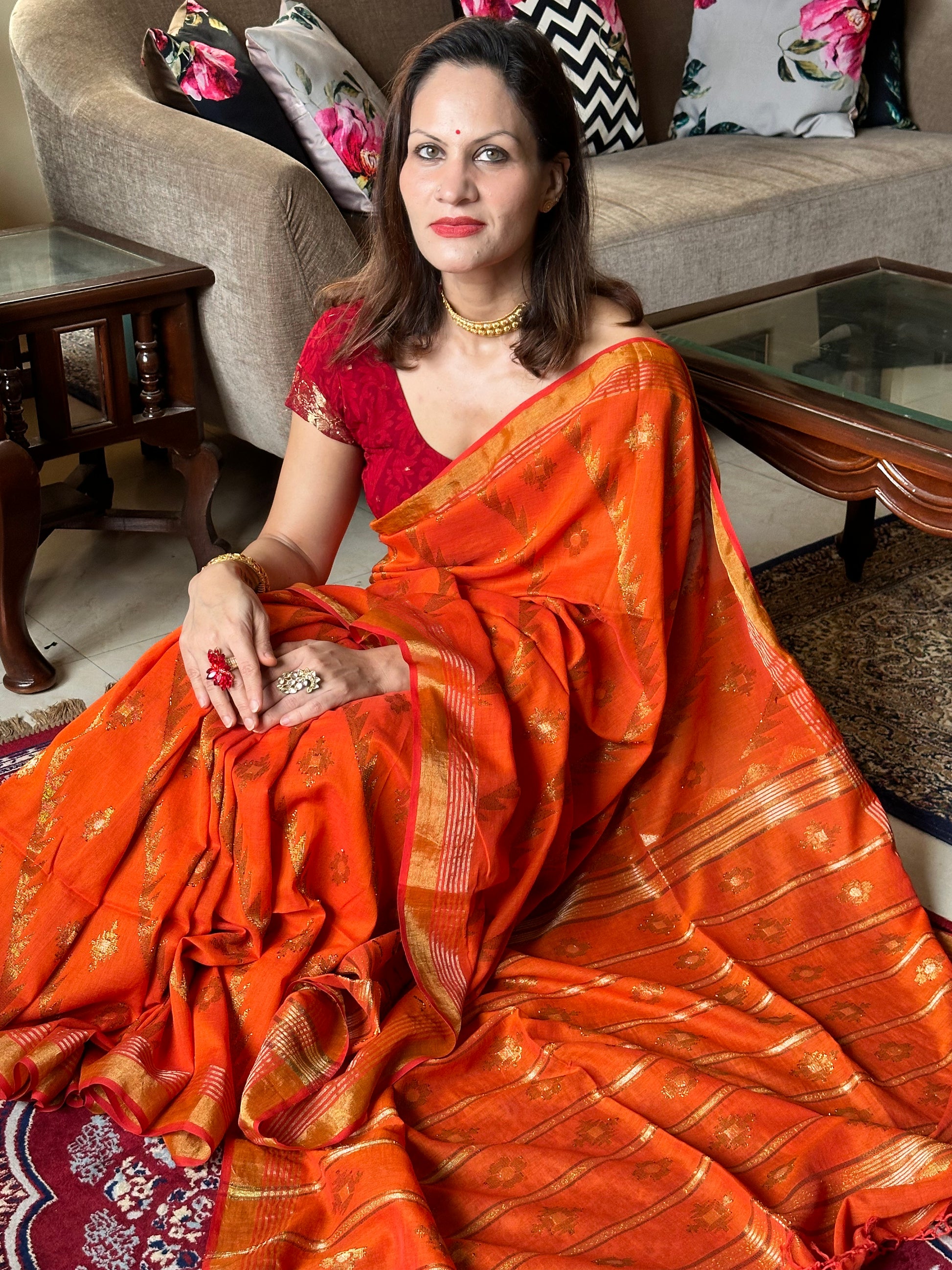 Orange Pure Cotton Jamdani with Intricate Zari Work - Raahini