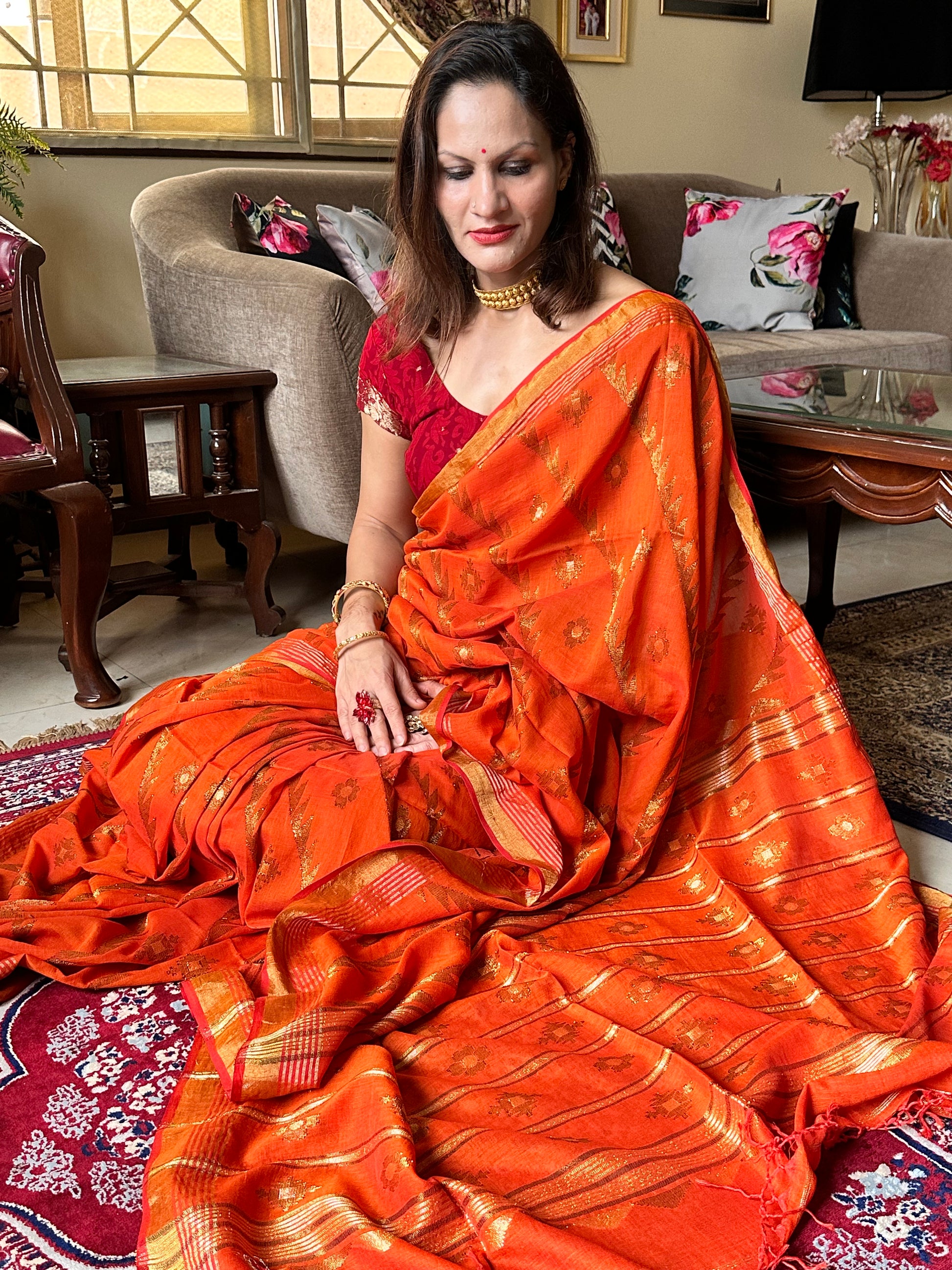 Orange Pure Cotton Jamdani with Intricate Zari Work - Raahini