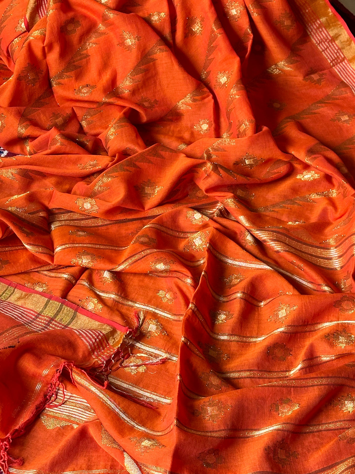 Orange Pure Cotton Jamdani with Intricate Zari Work - Raahini