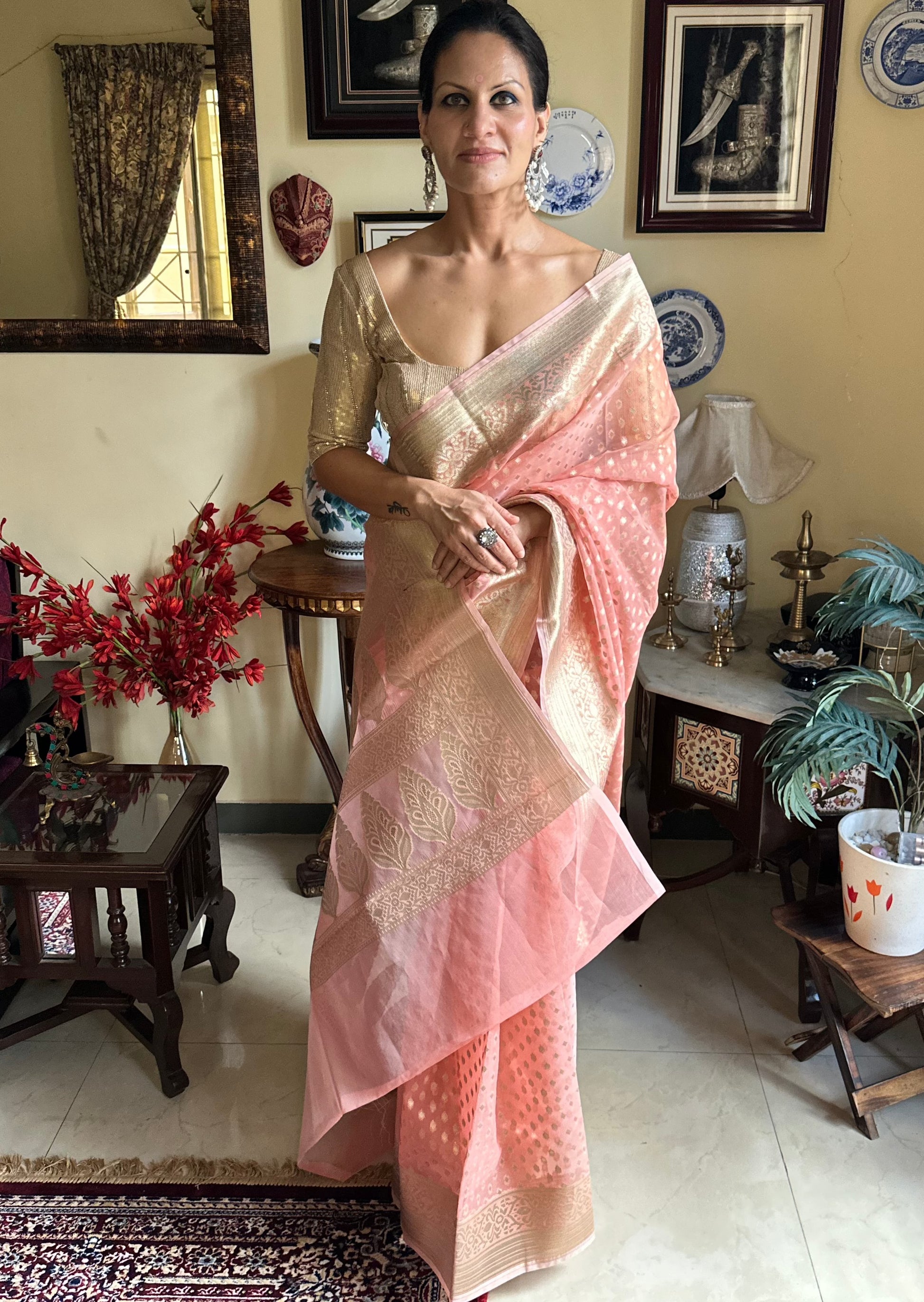 Peach Banarasi Kora Organza Sari with Butis & Weaving - Raahini