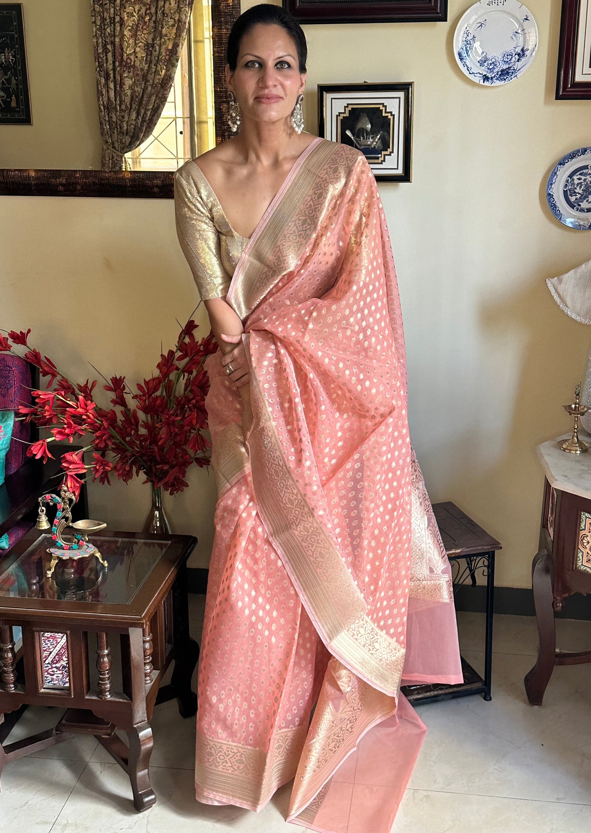 Peach Banarasi Kora Organza Sari with Butis & Weaving - Raahini