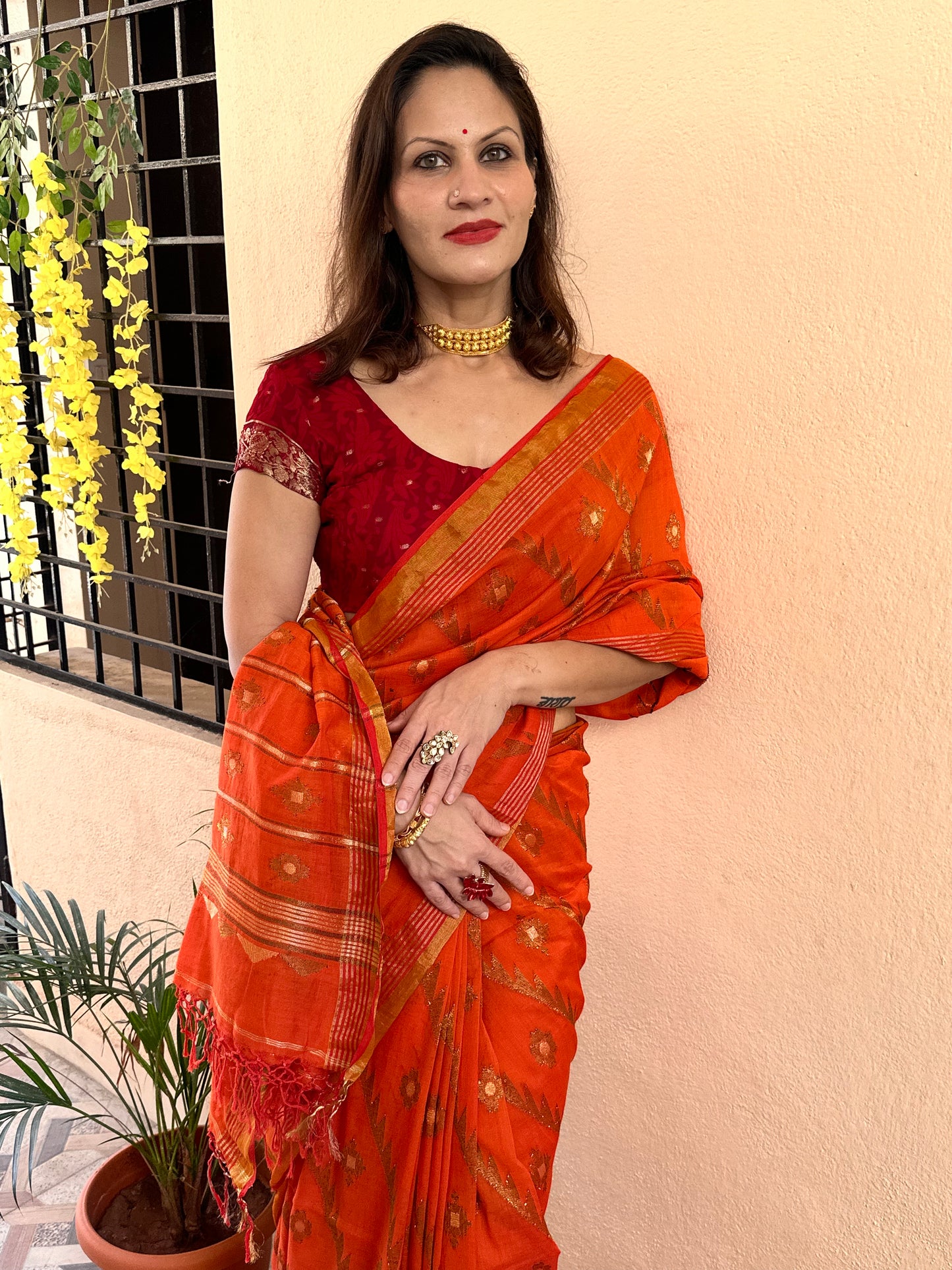 Orange Pure Cotton Jamdani with Intricate Zari Work - Raahini