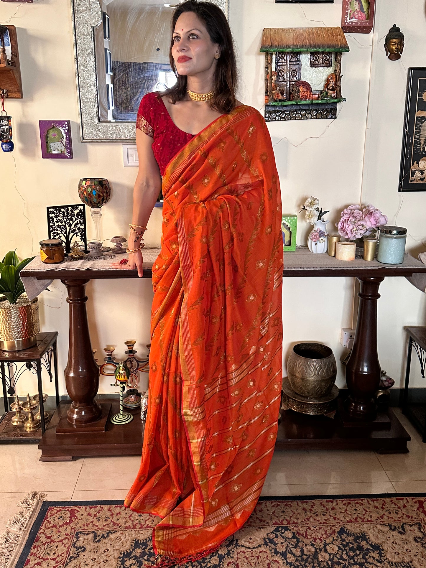 Orange Pure Cotton Jamdani with Intricate Zari Work - Raahini