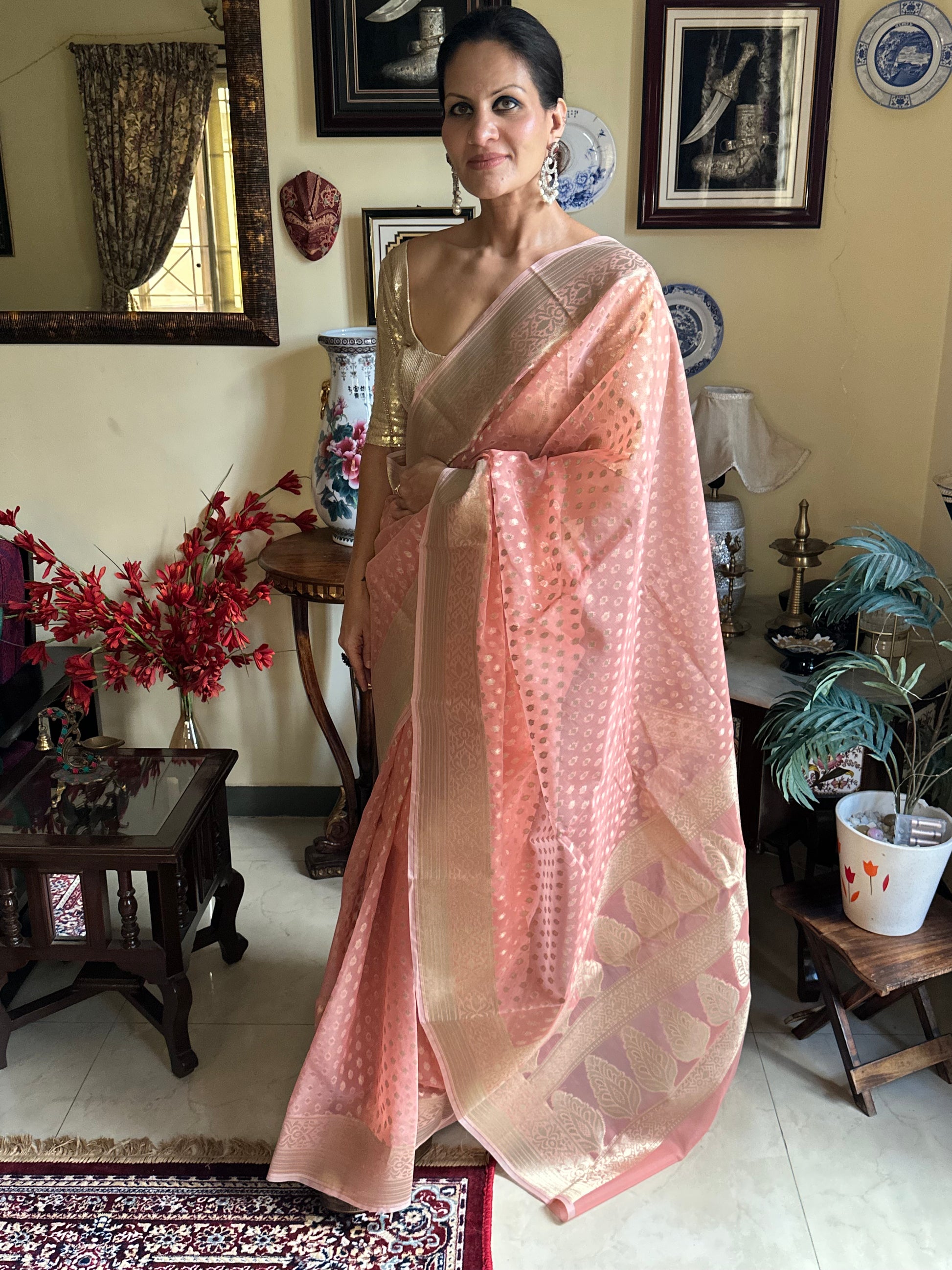 Peach Banarasi Kora Organza Sari with Butis & Weaving - Raahini