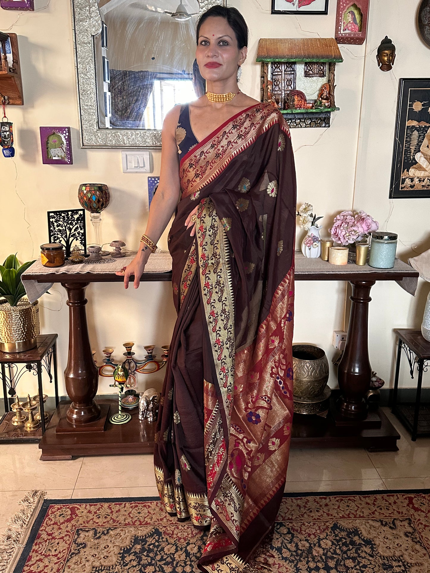 Brown Pure Katan Silk Cotton Sari with Paithani Weaving - Raahini