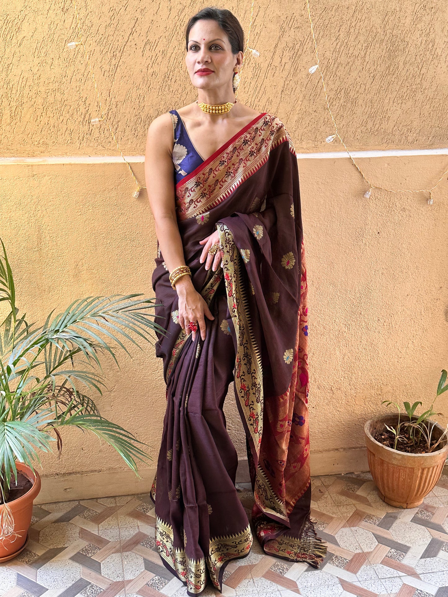 Brown Pure Katan Silk Cotton Sari with Paithani Weaving - Raahini