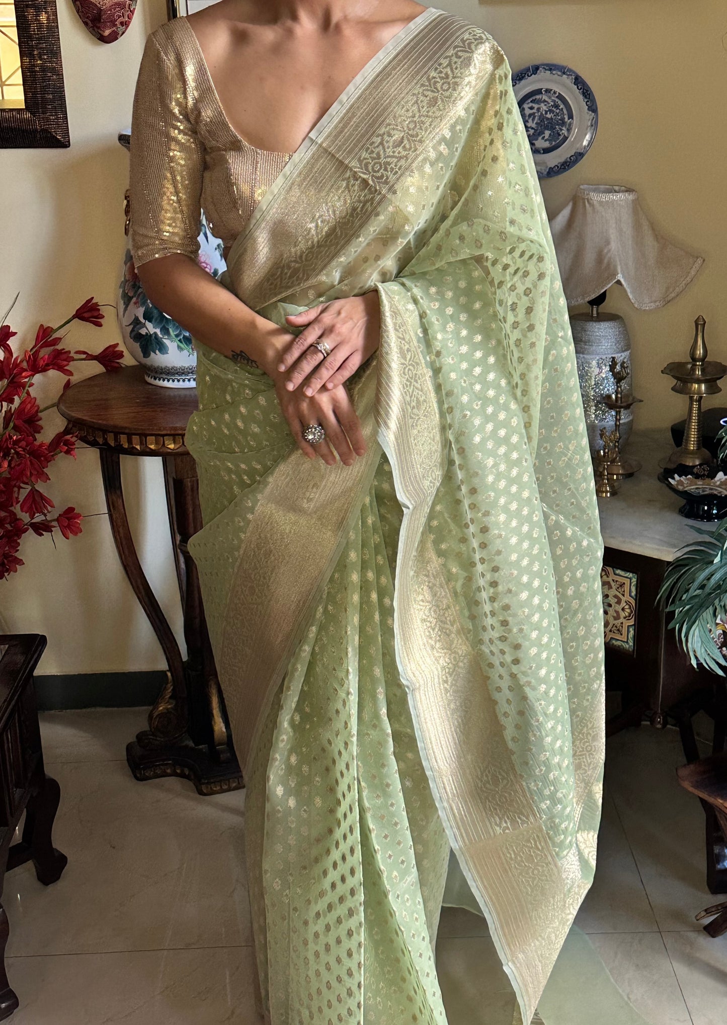 Lime Green Banarasi Kora Organza Sari with Butis & Weaving - Raahini