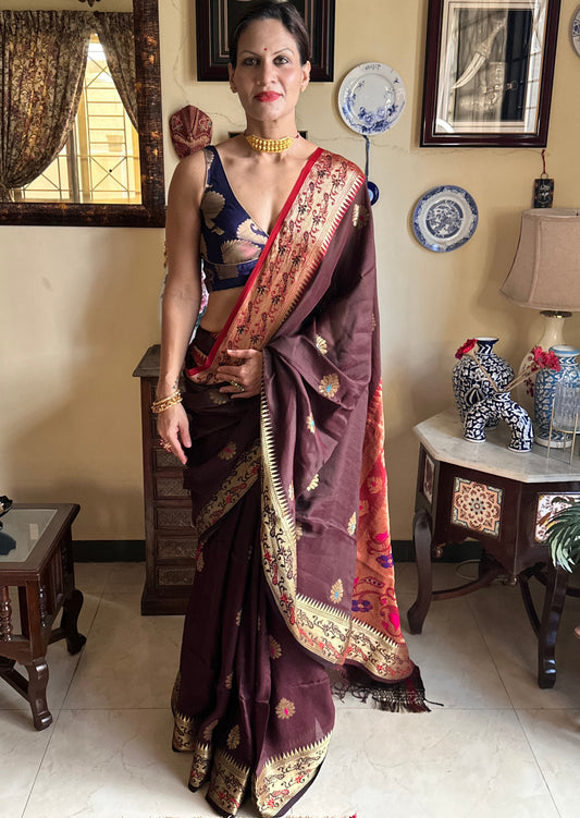 Brown Pure Katan Silk Cotton Sari with Paithani Weaving - Raahini