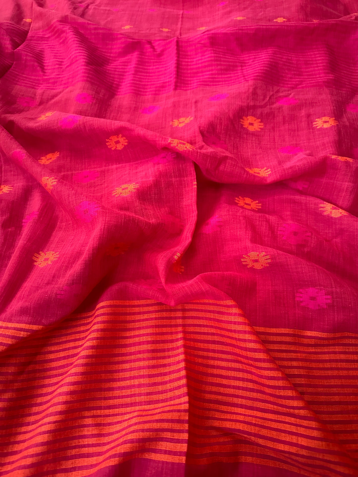 Pink Handloom Pure Soft Cotton Jamdani Sari with Woven Flowers