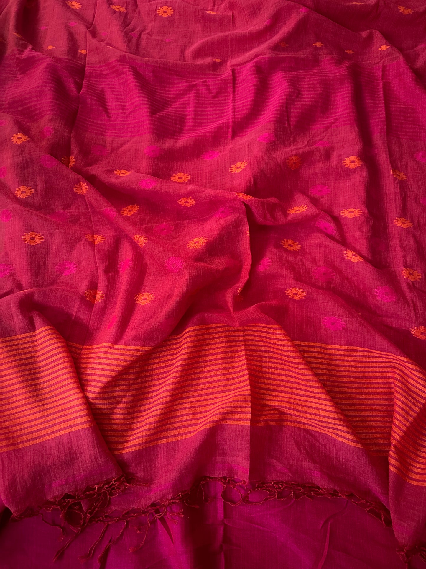 Pink Handloom Pure Soft Cotton Jamdani Sari with Woven Flowers