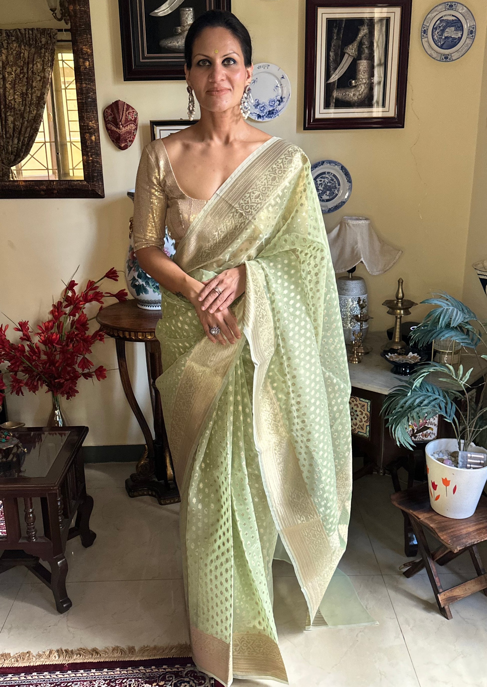 Lime Green Banarasi Kora Organza Sari with Butis & Weaving - Raahini