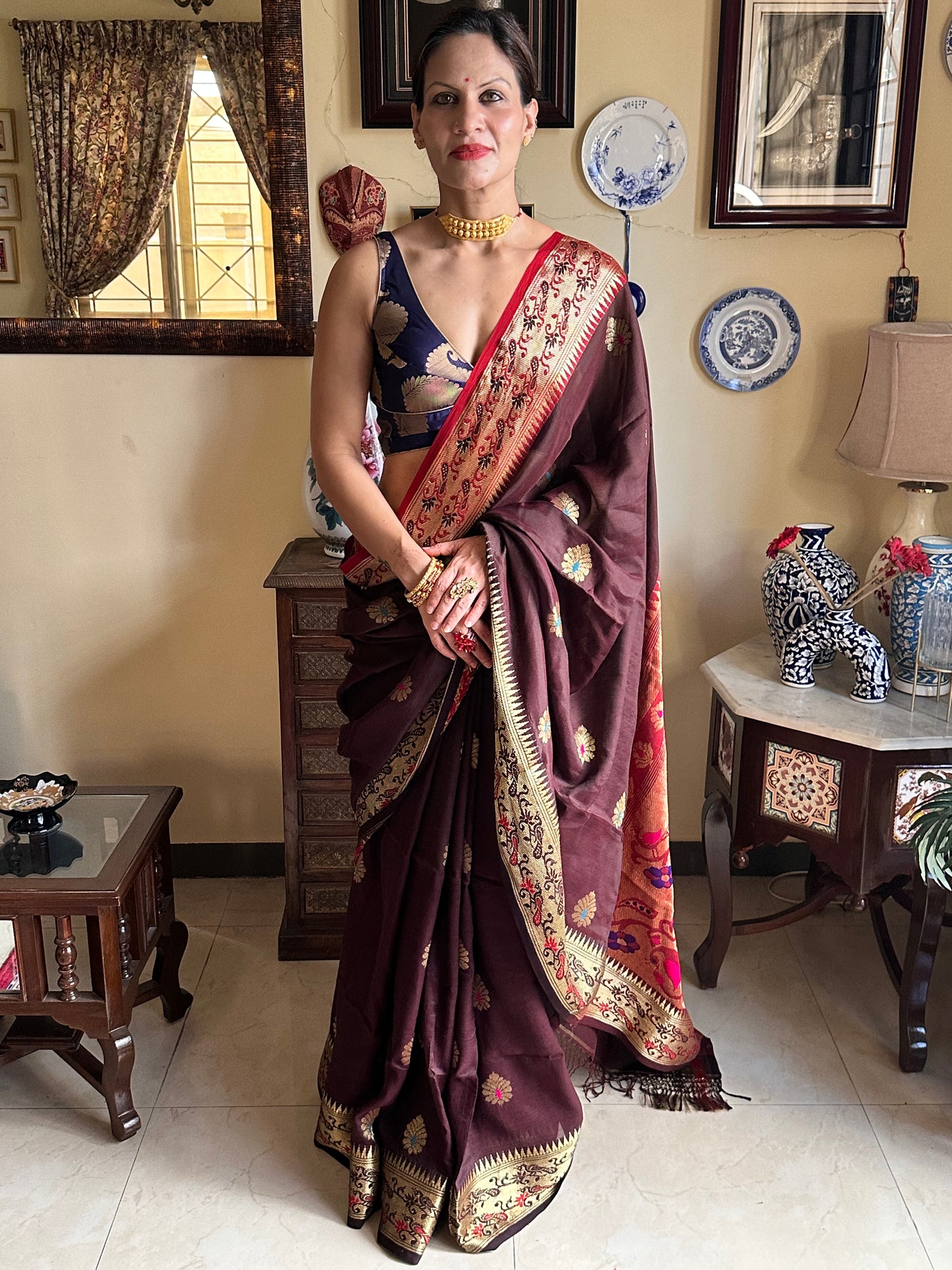 Brown Pure Katan Silk Cotton Sari with Paithani Weaving - Raahini