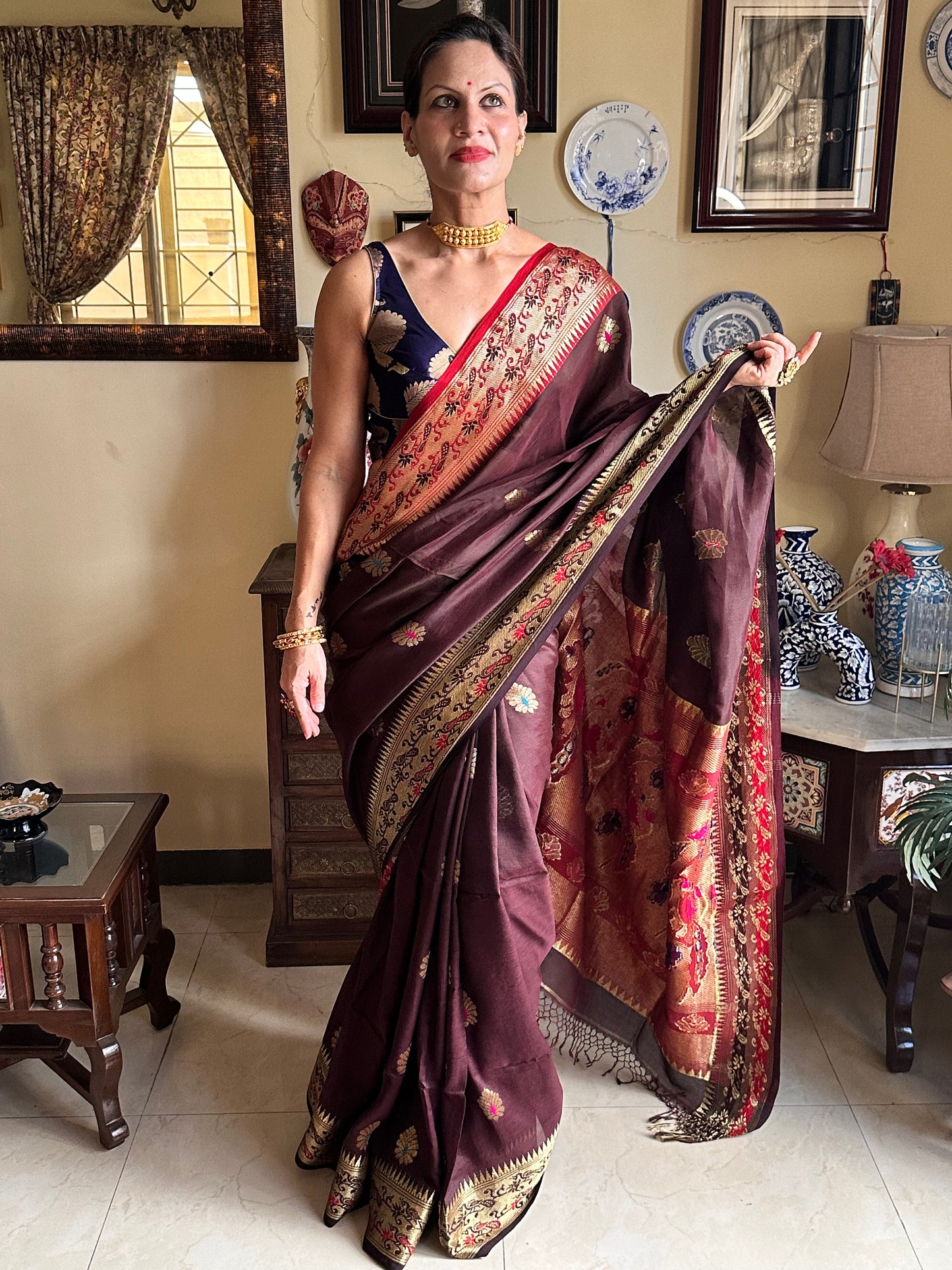 Brown Pure Katan Silk Cotton Sari with Paithani Weaving - Raahini