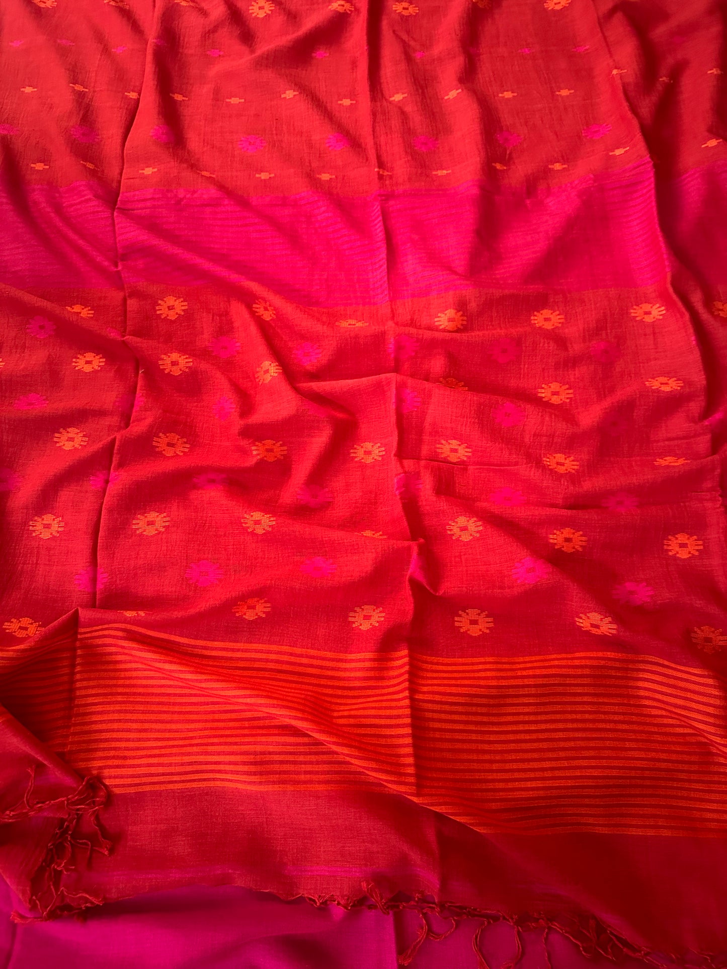 Red Handloom Pure Soft Cotton Jamdani Sari with Woven Flowers