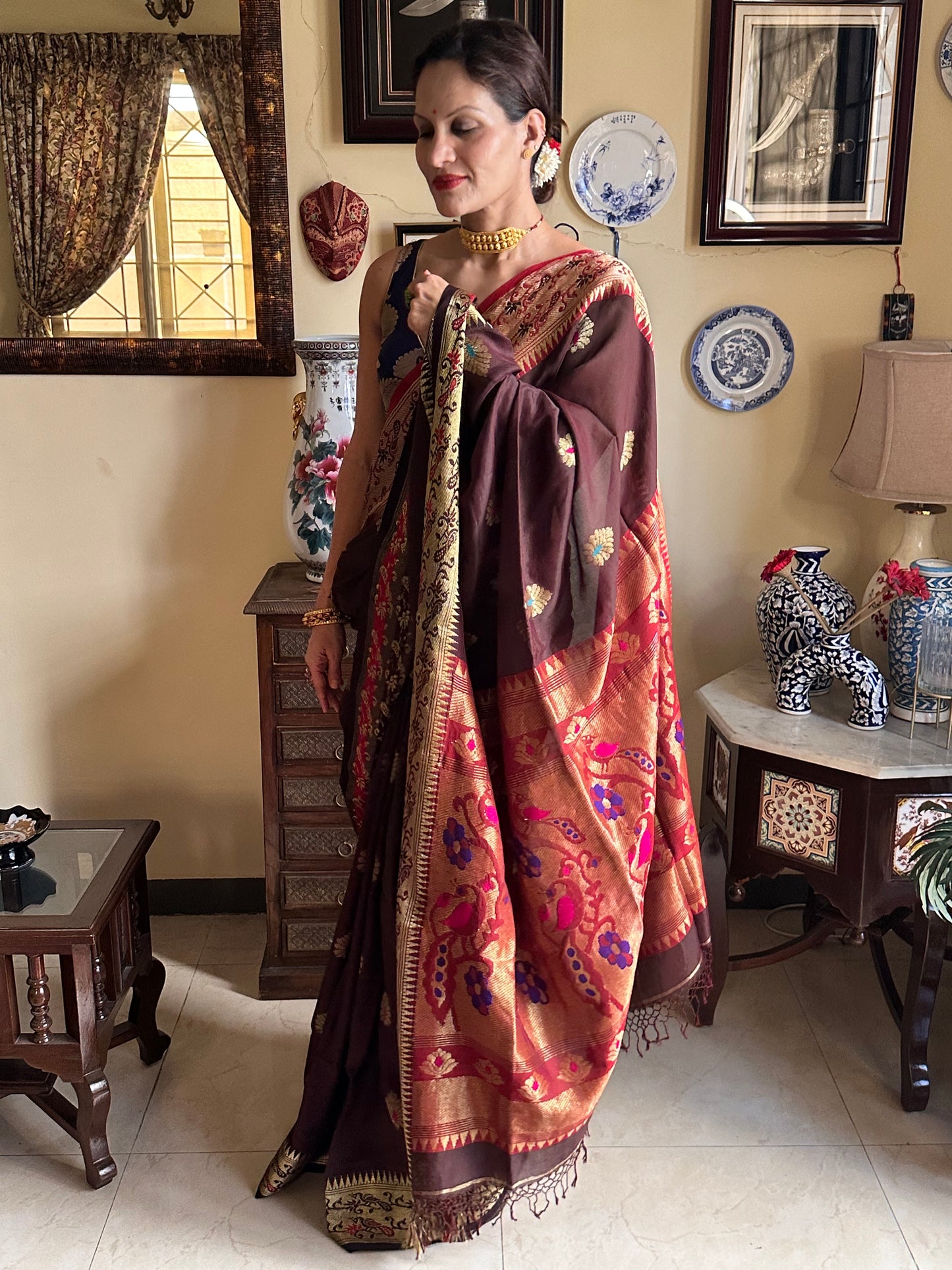 Brown Pure Katan Silk Cotton Sari with Paithani Weaving - Raahini