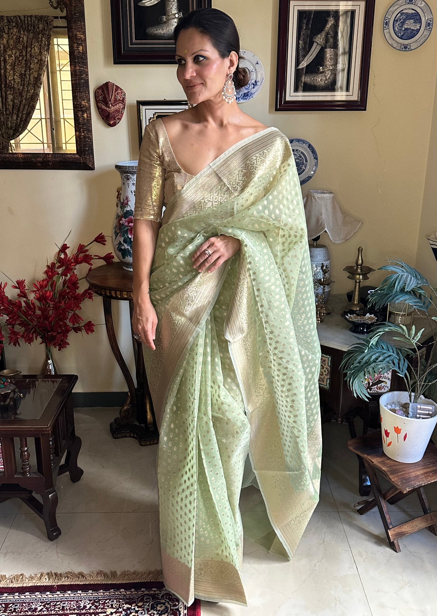 Lime Green Banarasi Kora Organza Sari with Butis & Weaving - Raahini