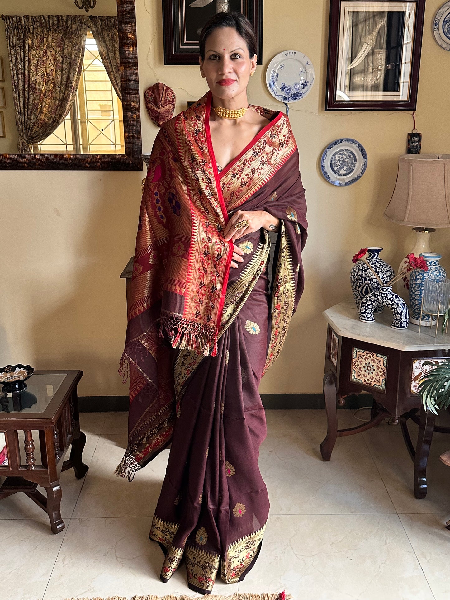 Brown Pure Katan Silk Cotton Sari with Paithani Weaving - Raahini