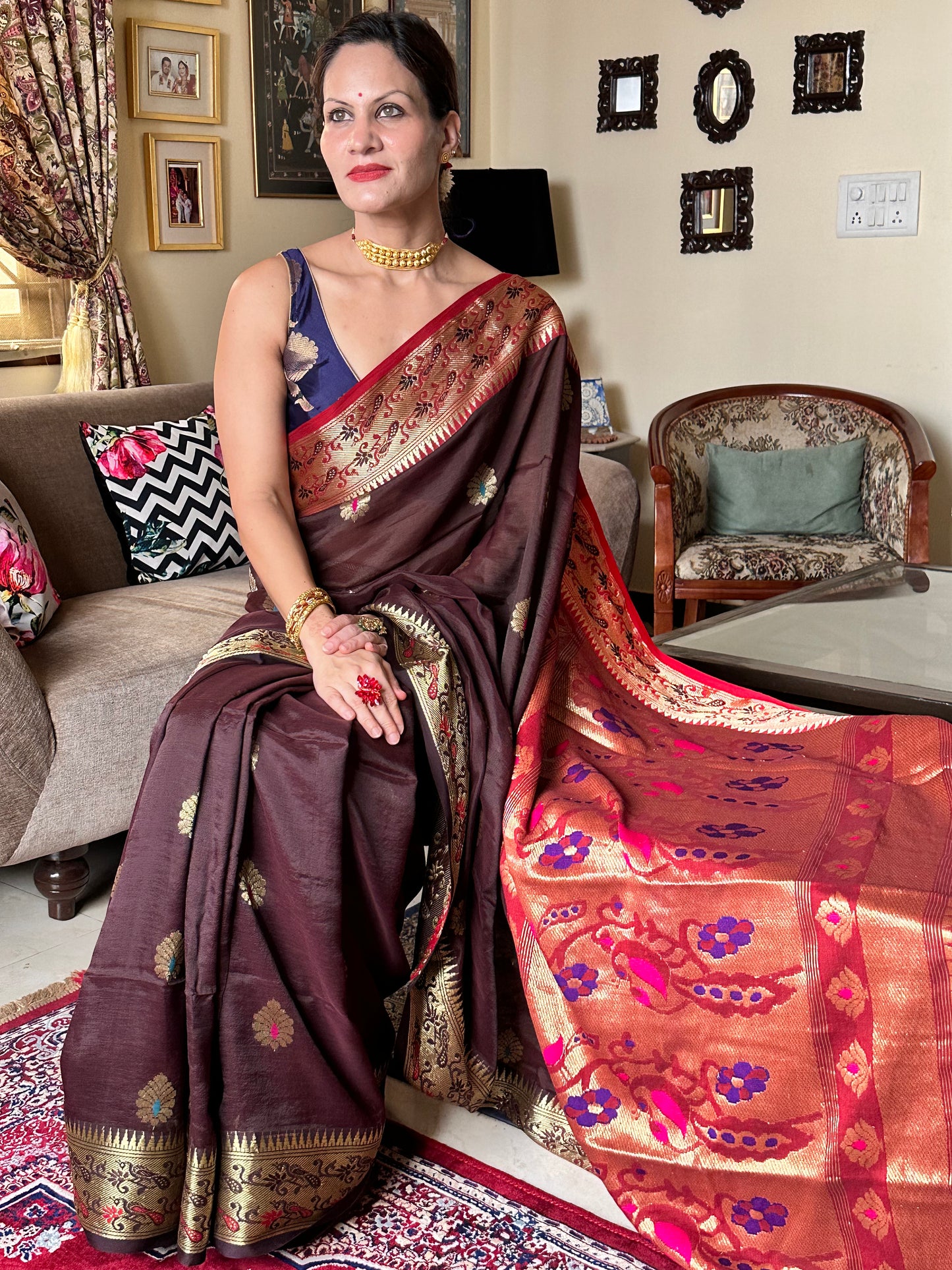 Brown Pure Katan Silk Cotton Sari with Paithani Weaving - Raahini