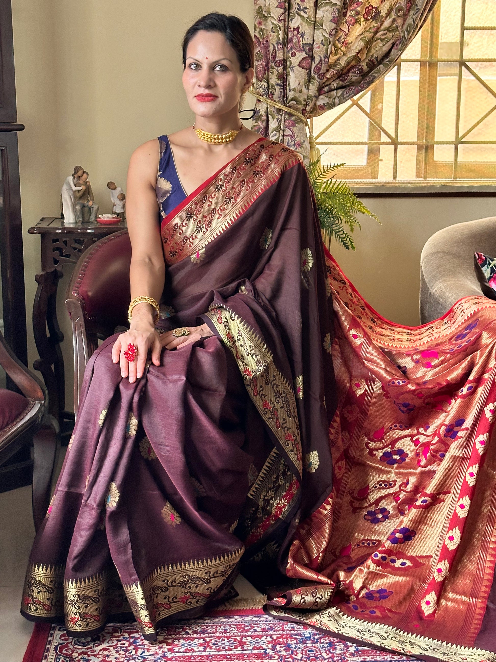 Brown Pure Katan Silk Cotton Sari with Paithani Weaving - Raahini