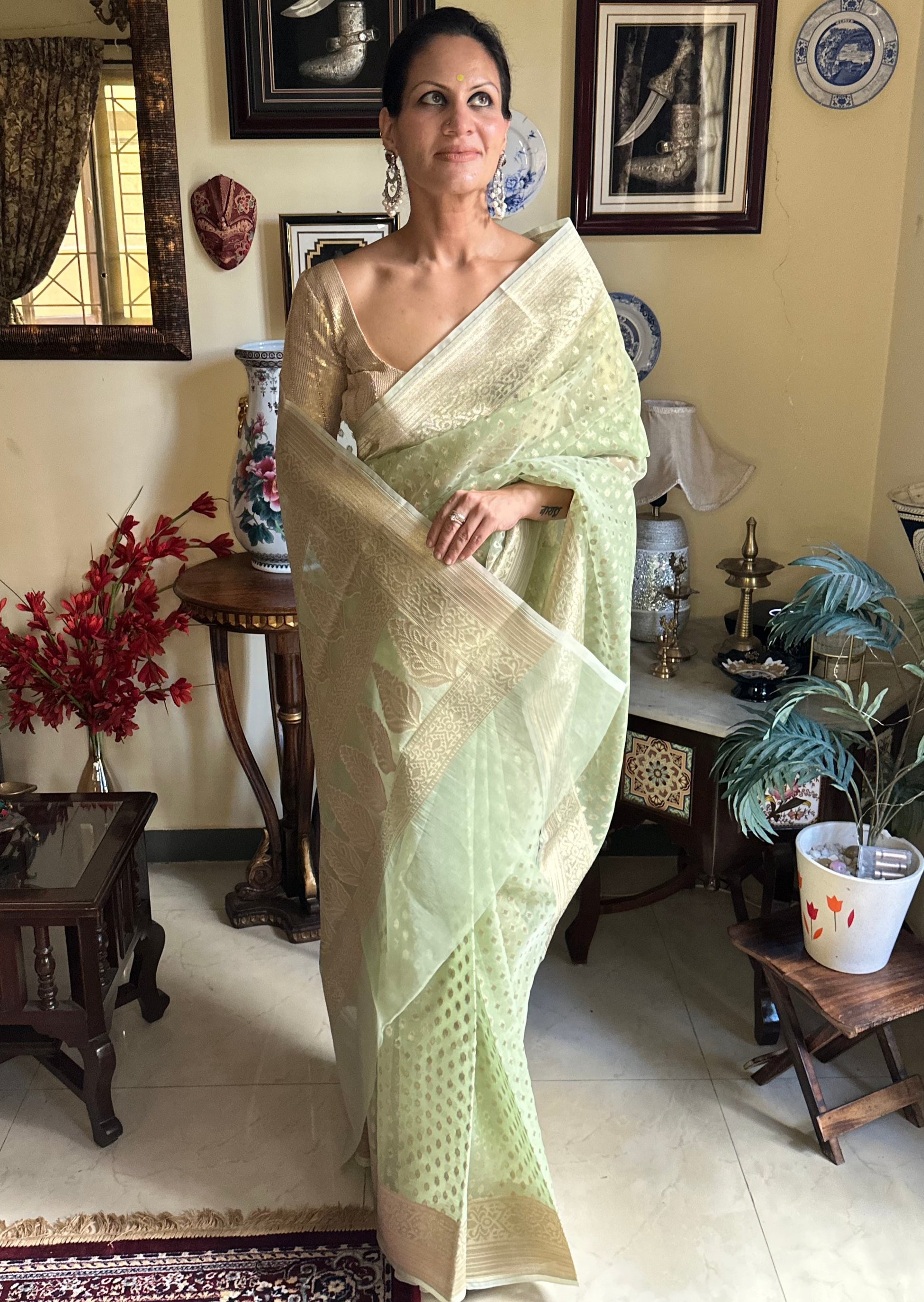 Lime Green Banarasi Kora Organza Sari with Butis & Weaving - Raahini