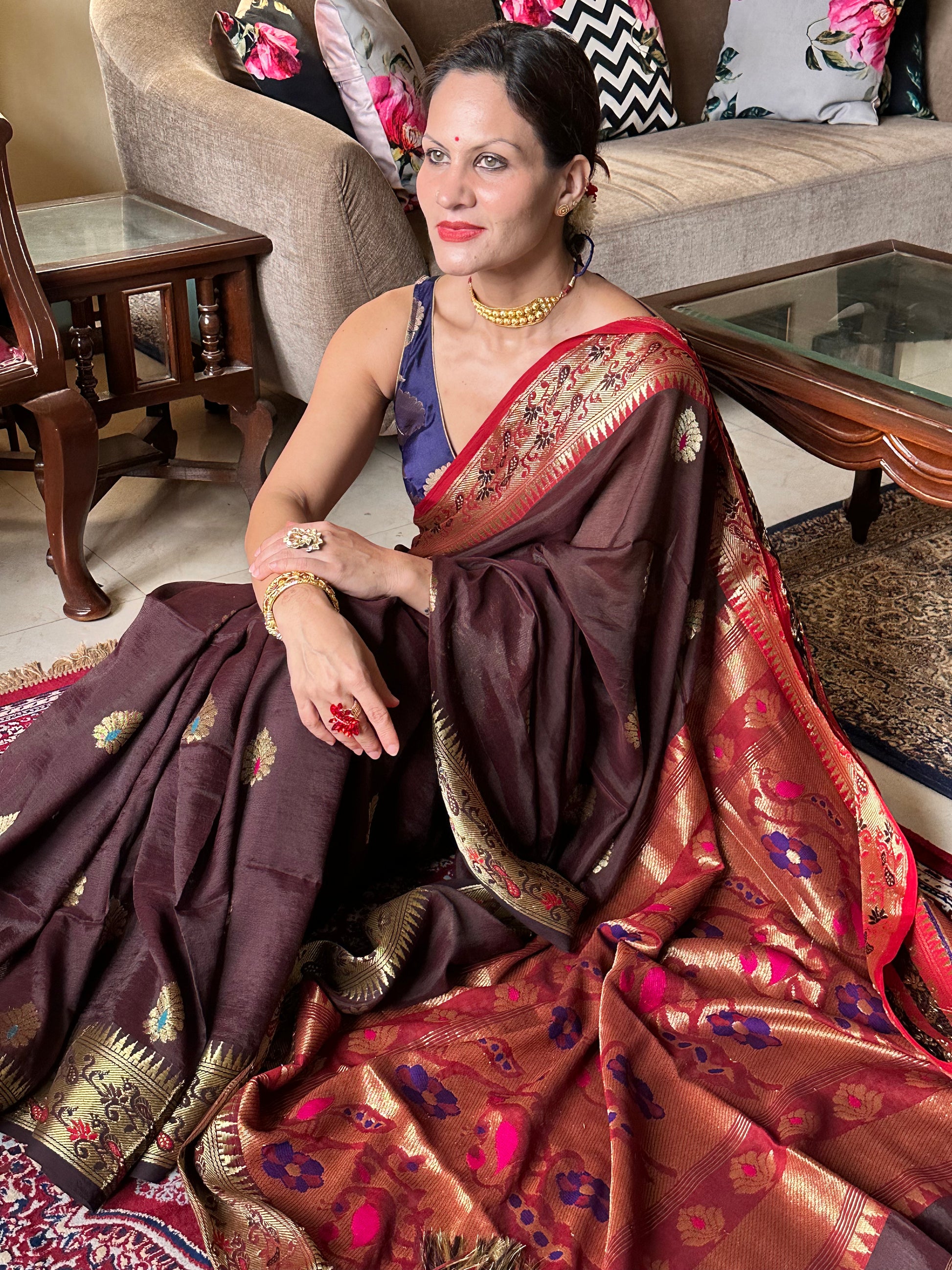 Brown Pure Katan Silk Cotton Sari with Paithani Weaving - Raahini