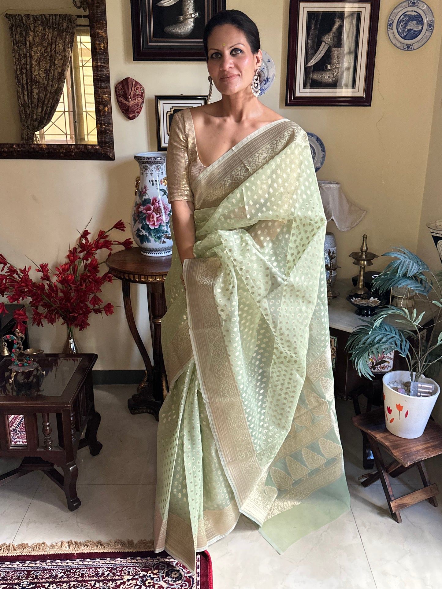 Lime Green Banarasi Kora Organza Sari with Butis & Weaving - Raahini