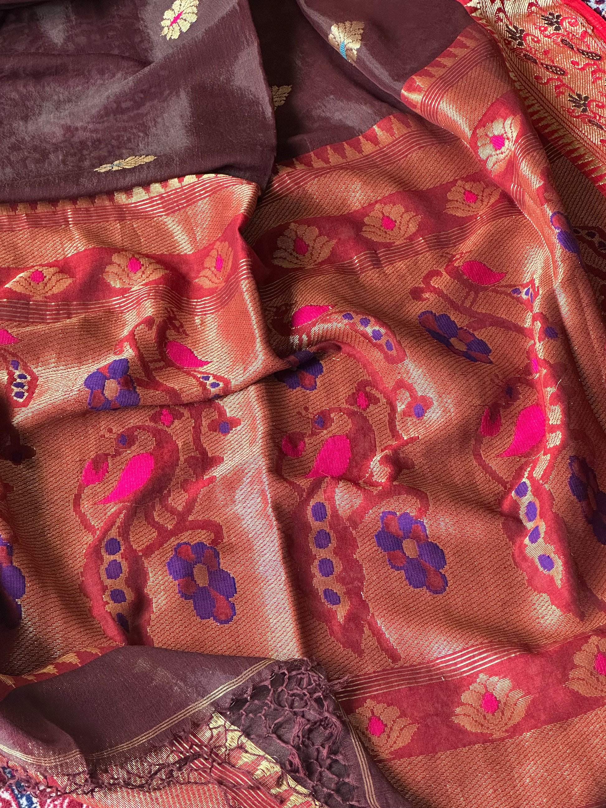 Brown Pure Katan Silk Cotton Sari with Paithani Weaving - Raahini