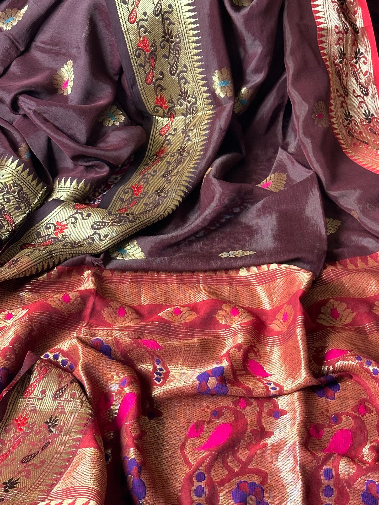 Brown Pure Katan Silk Cotton Sari with Paithani Weaving - Raahini