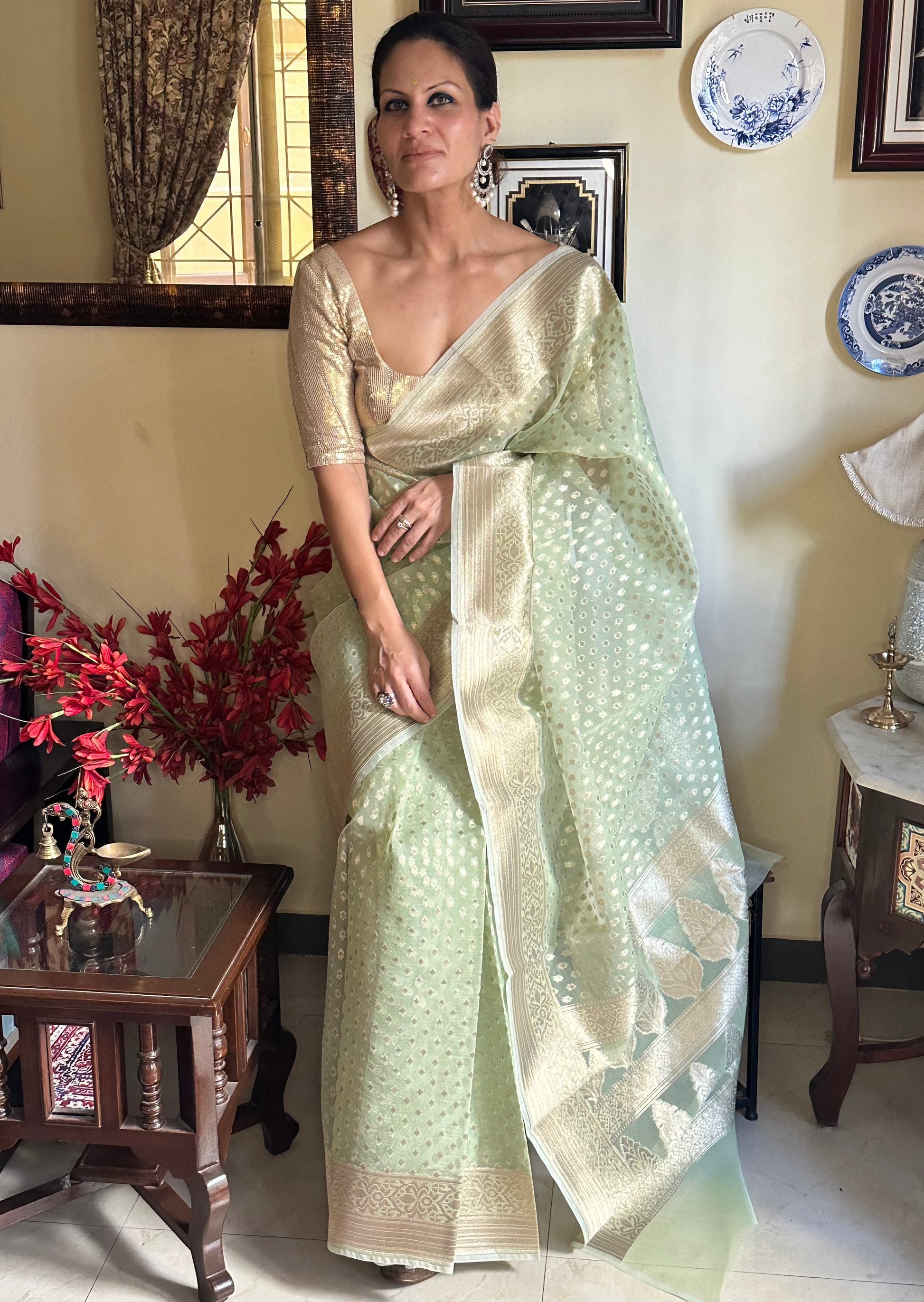 Lime Green Banarasi Kora Organza Sari with Butis & Weaving - Raahini