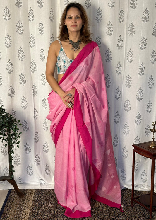 Pink Handloom Pure Cotton Jamdani Sari with Woven Delicate Motifs & Contrast Pink Border