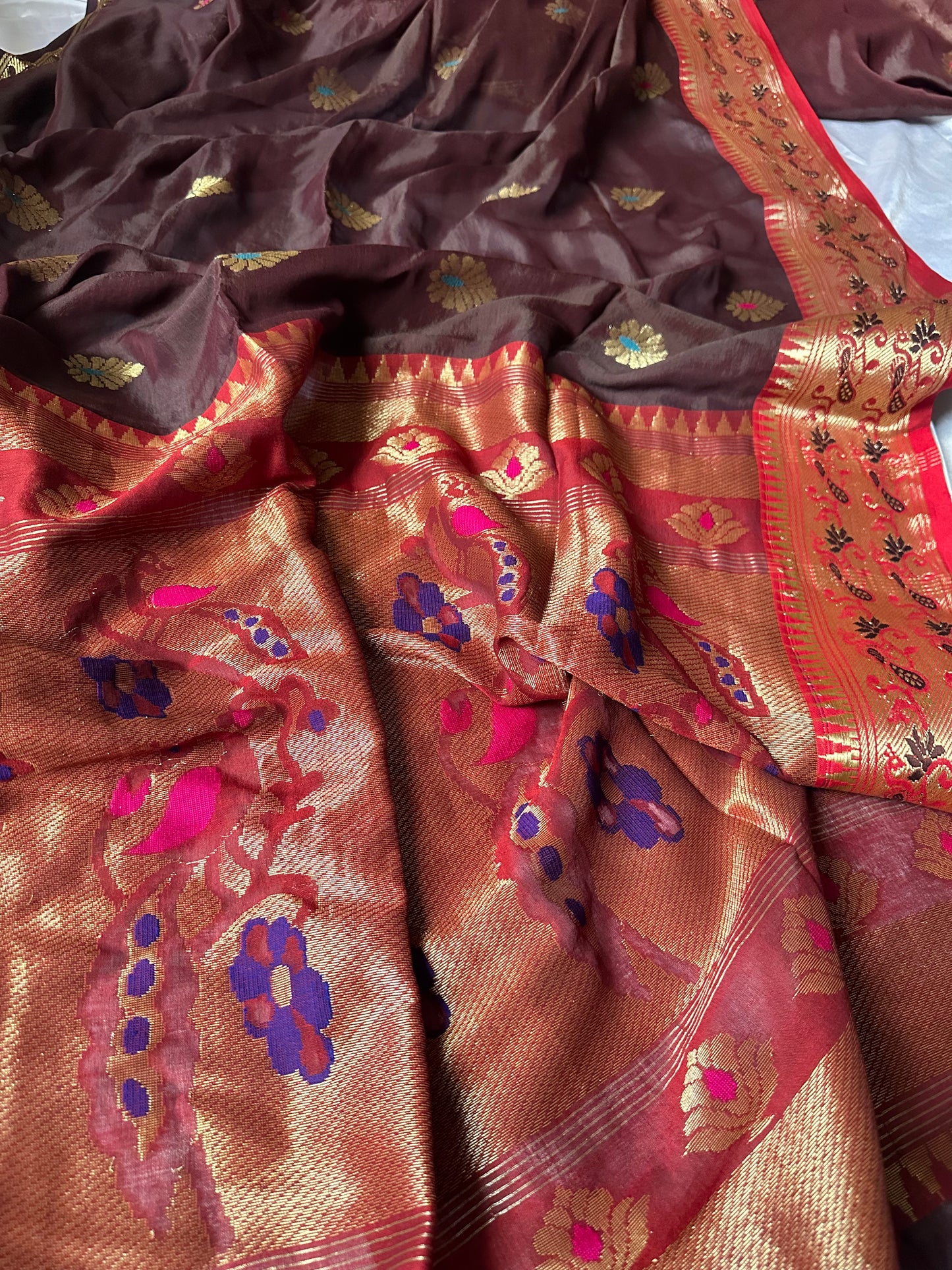 Brown Pure Katan Silk Cotton Sari with Paithani Weaving - Raahini