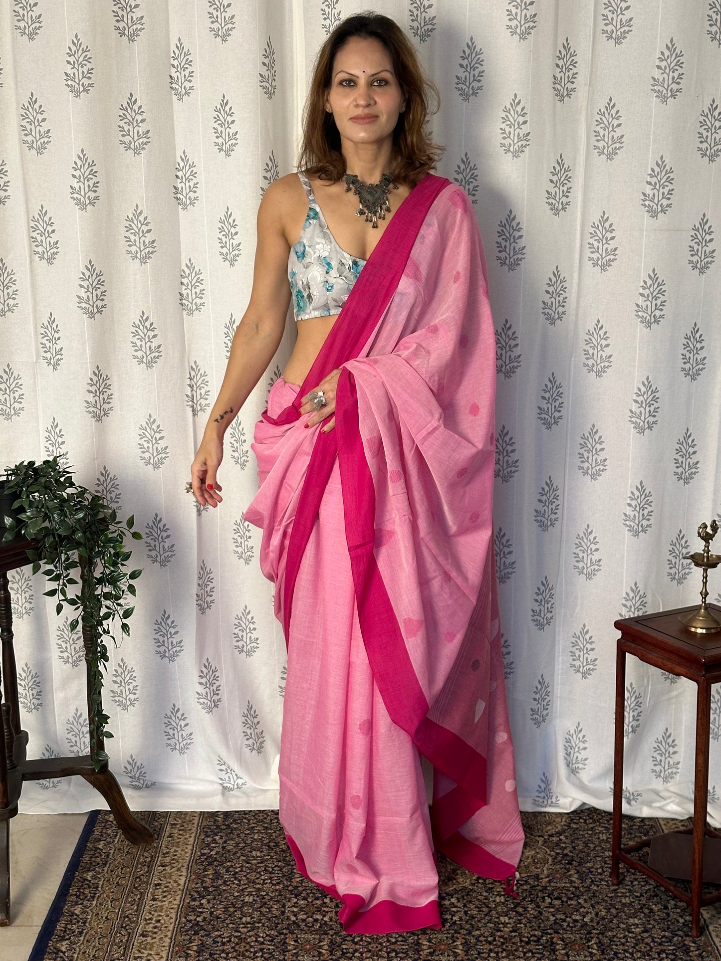 Pink Handloom Pure Cotton Jamdani Sari with Woven Delicate Motifs & Contrast Pink Border