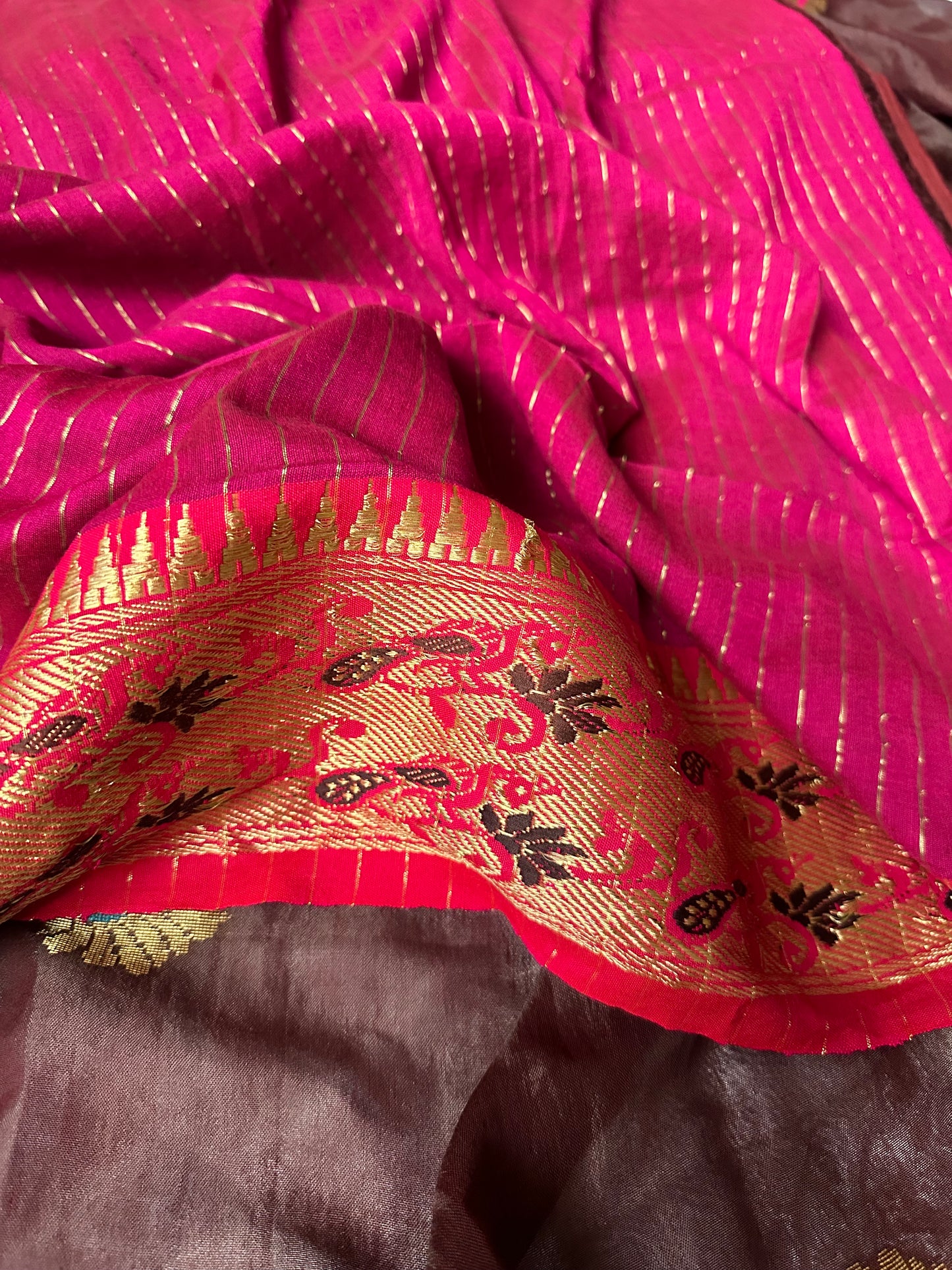 Brown Pure Katan Silk Cotton Sari with Paithani Weaving - Raahini