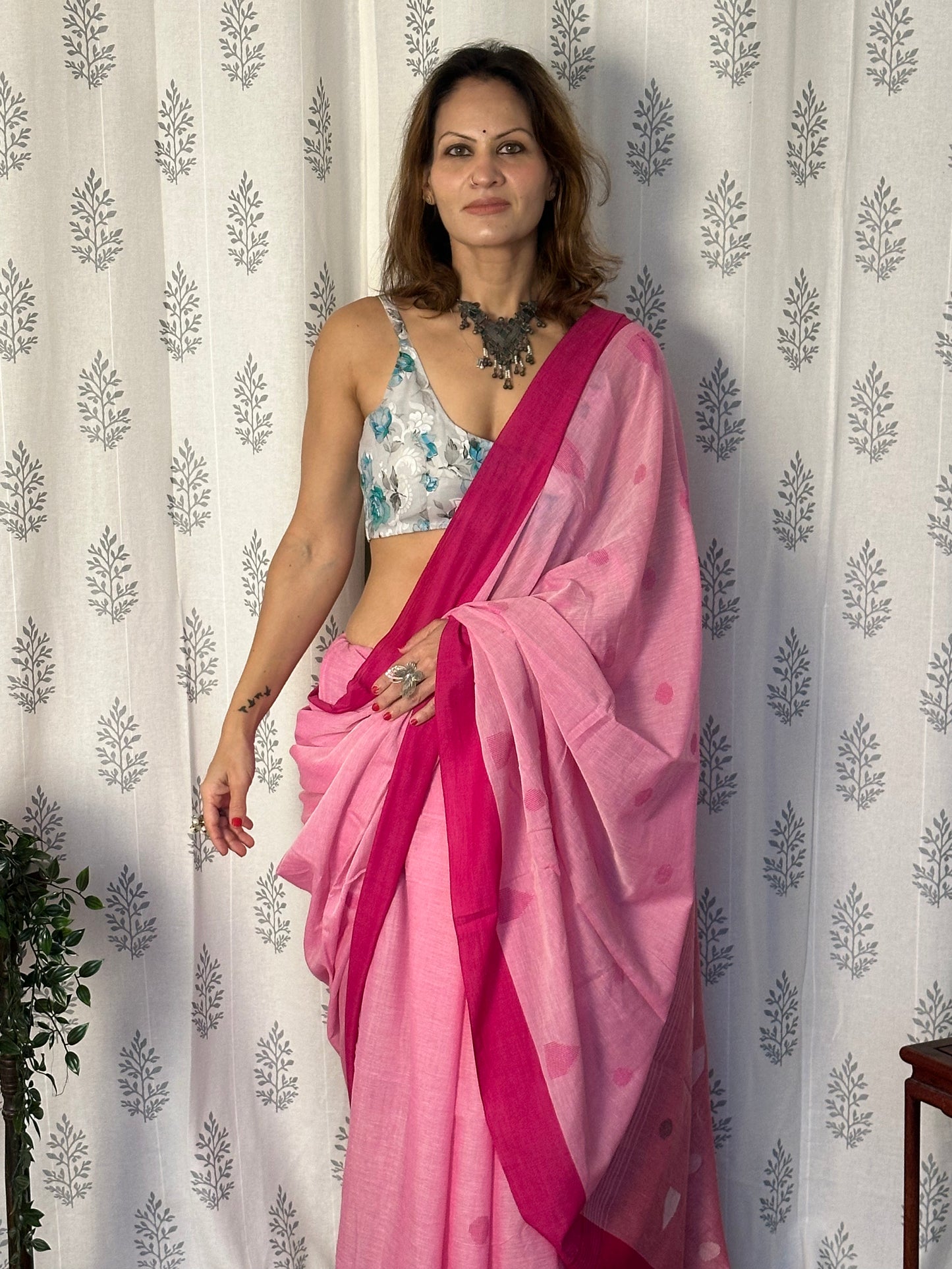 Pink Handloom Pure Cotton Jamdani Sari with Woven Delicate Motifs & Contrast Pink Border