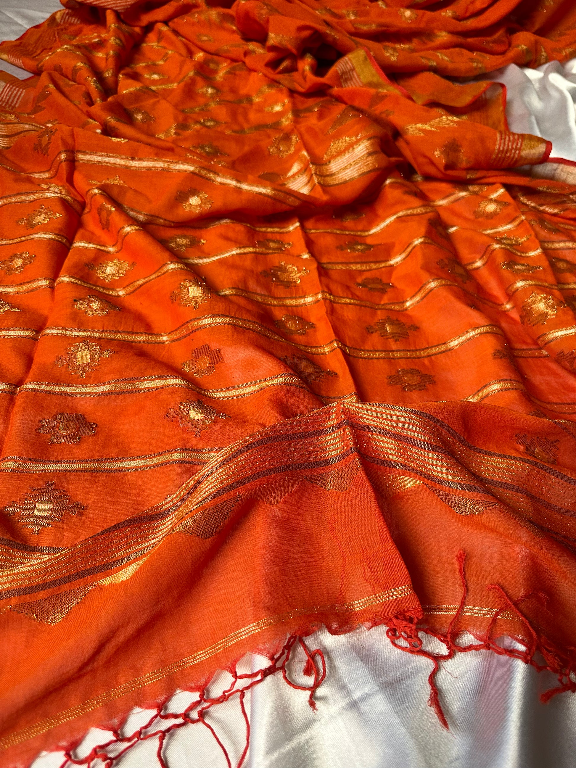 Orange Pure Cotton Jamdani with Intricate Zari Work - Raahini