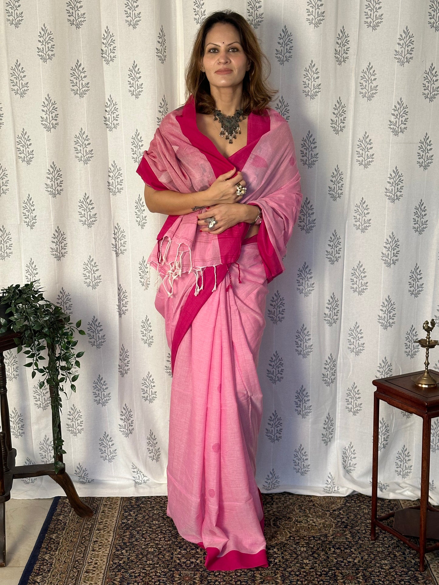 Pink Handloom Pure Cotton Jamdani Sari with Woven Delicate Motifs & Contrast Pink Border