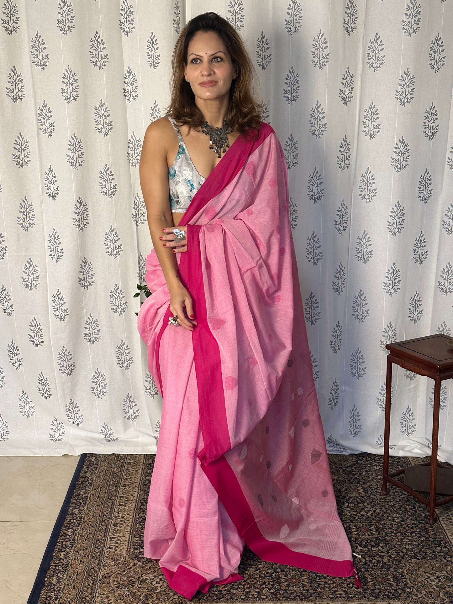 Pink Handloom Pure Cotton Jamdani Sari with Woven Delicate Motifs & Contrast Pink Border