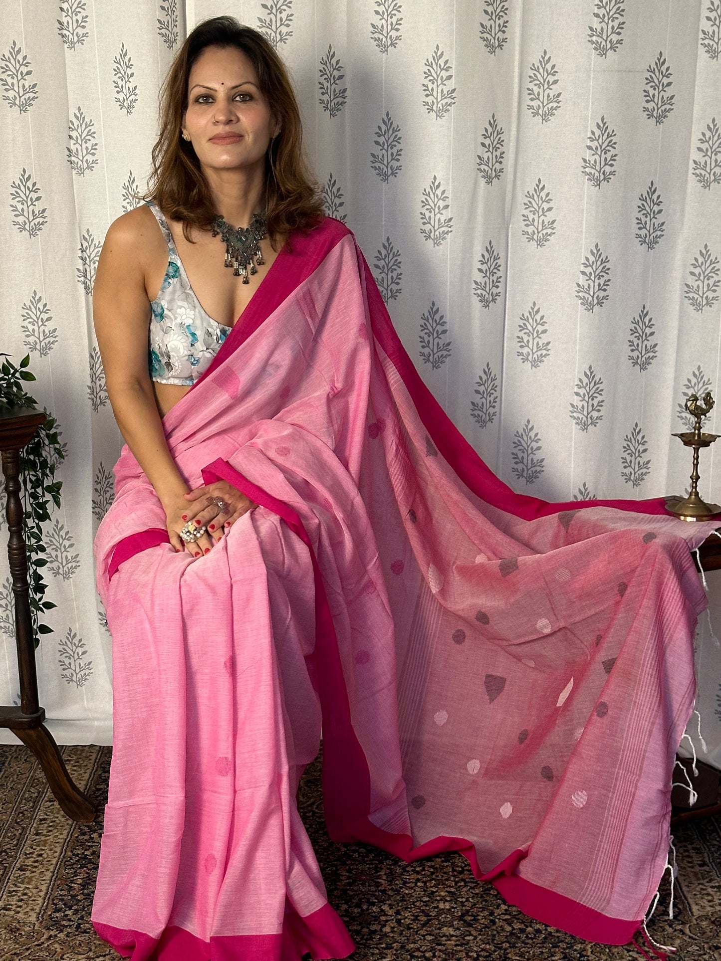 Pink Handloom Pure Cotton Jamdani Sari with Woven Delicate Motifs & Contrast Pink Border