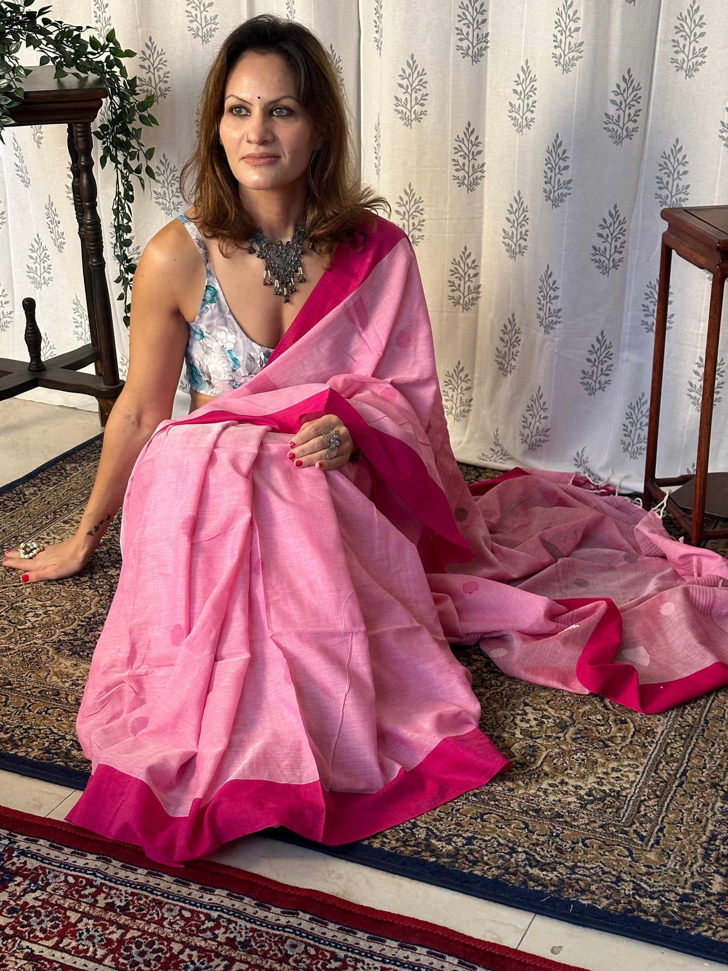 Pink Handloom Pure Cotton Jamdani Sari with Woven Delicate Motifs & Contrast Pink Border