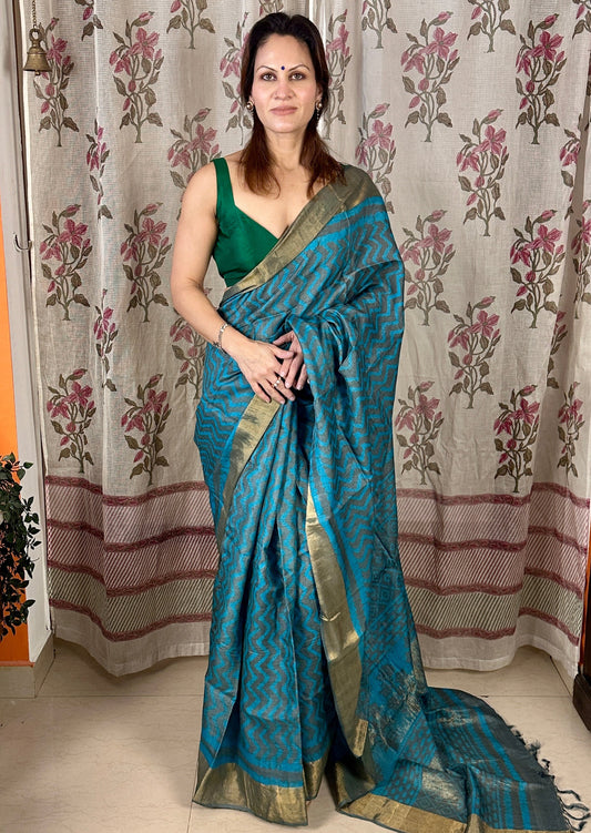 Blue Natural Hand Dyed Block Print Tassur Silk Saree