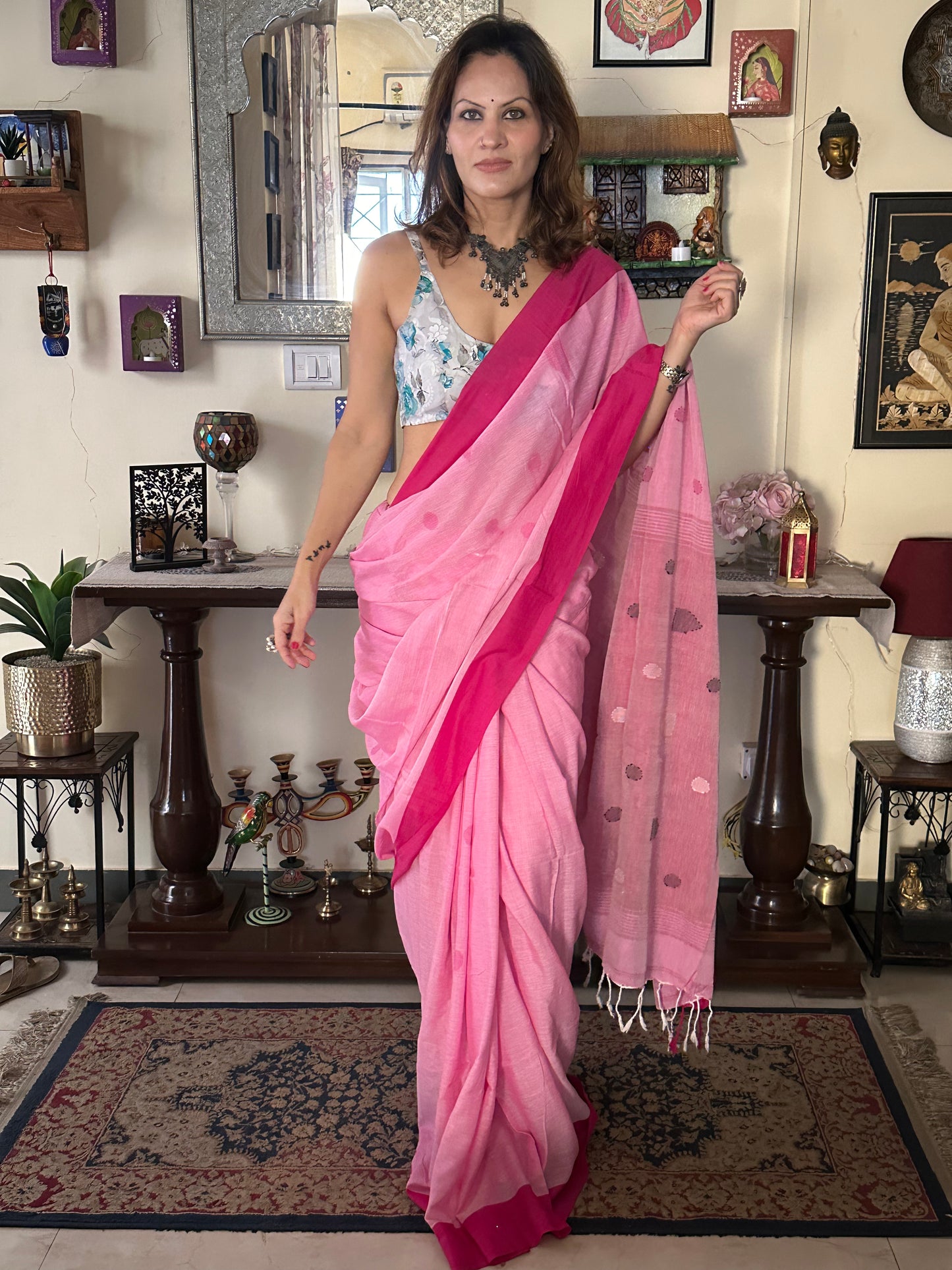 Pink Handloom Pure Cotton Jamdani Sari with Woven Delicate Motifs & Contrast Pink Border