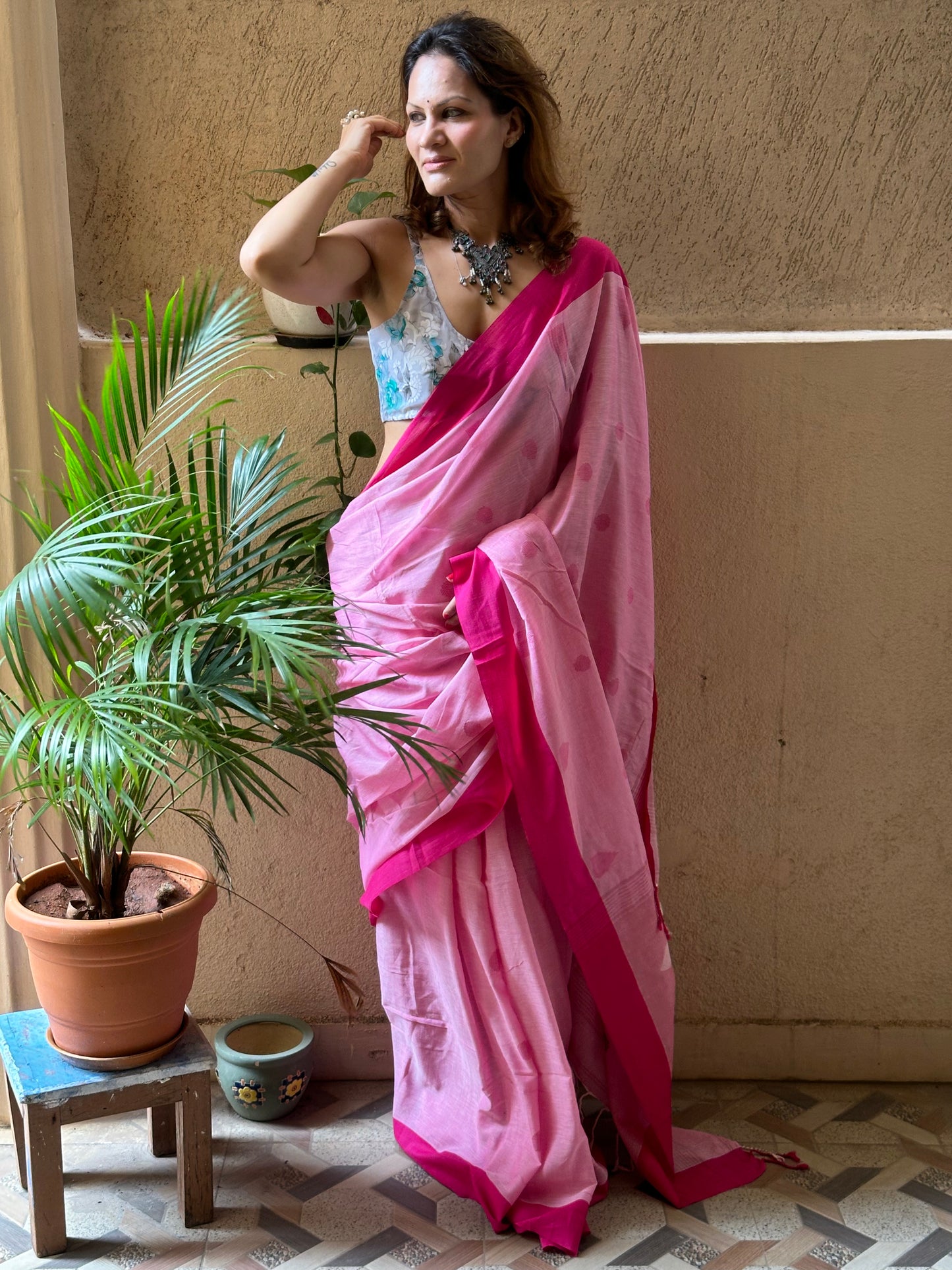 Pink Handloom Pure Cotton Jamdani Sari with Woven Delicate Motifs & Contrast Pink Border