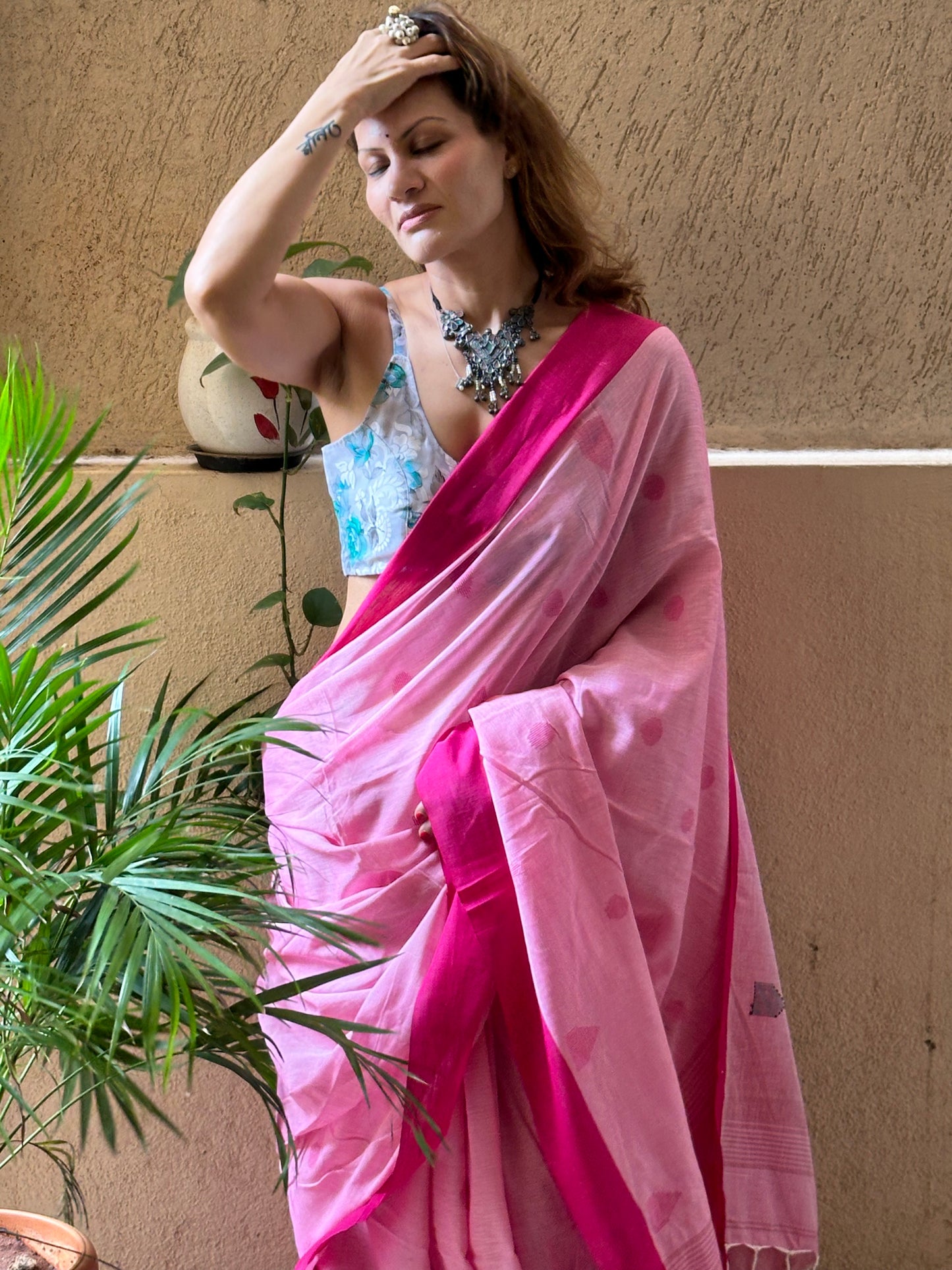 Pink Handloom Pure Cotton Jamdani Sari with Woven Delicate Motifs & Contrast Pink Border