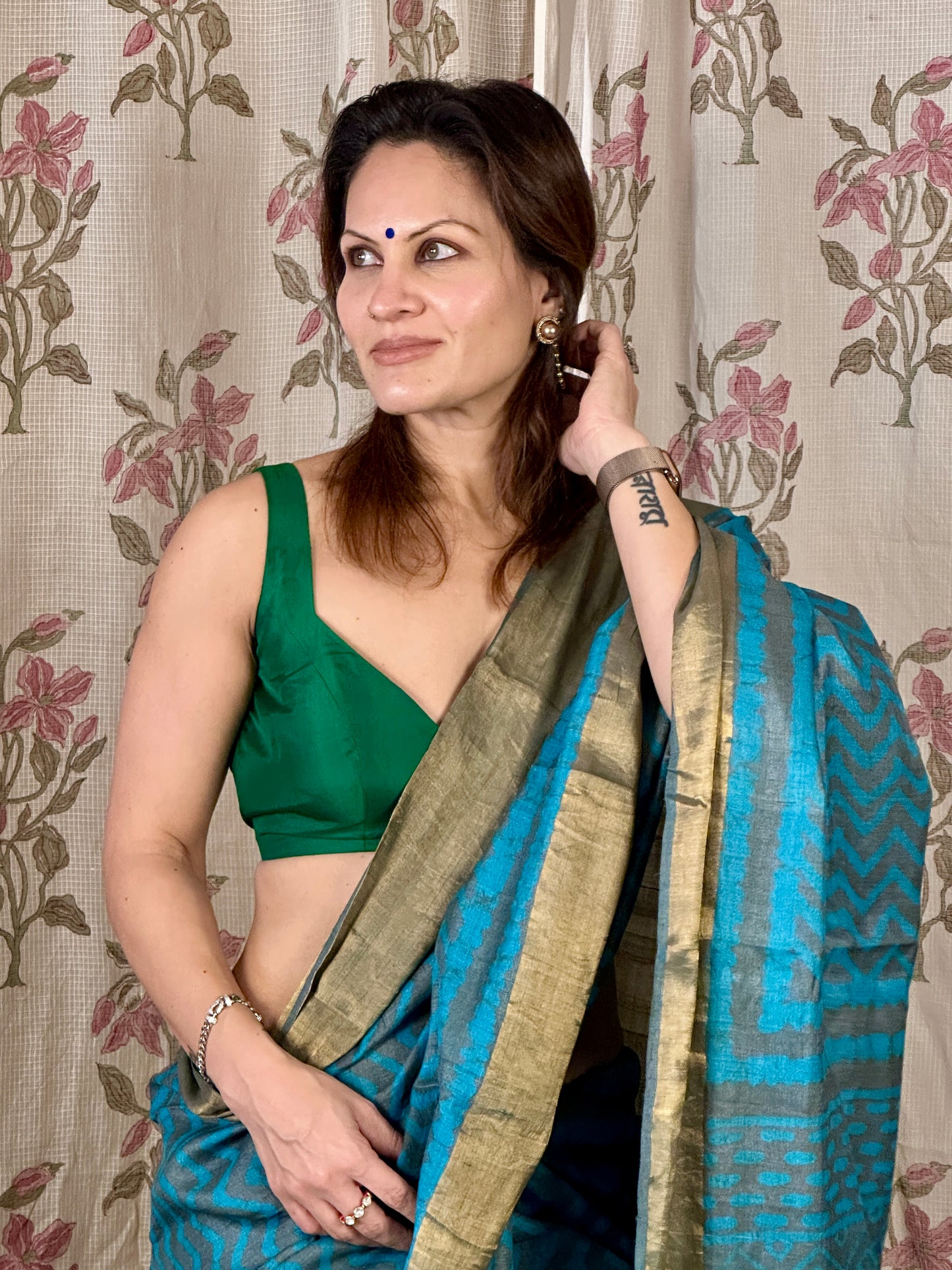 Blue Natural Hand Dyed Block Print Tassur Silk Saree