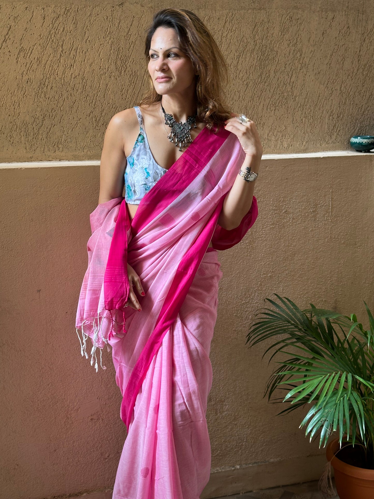 Pink Handloom Pure Cotton Jamdani Sari with Woven Delicate Motifs & Contrast Pink Border