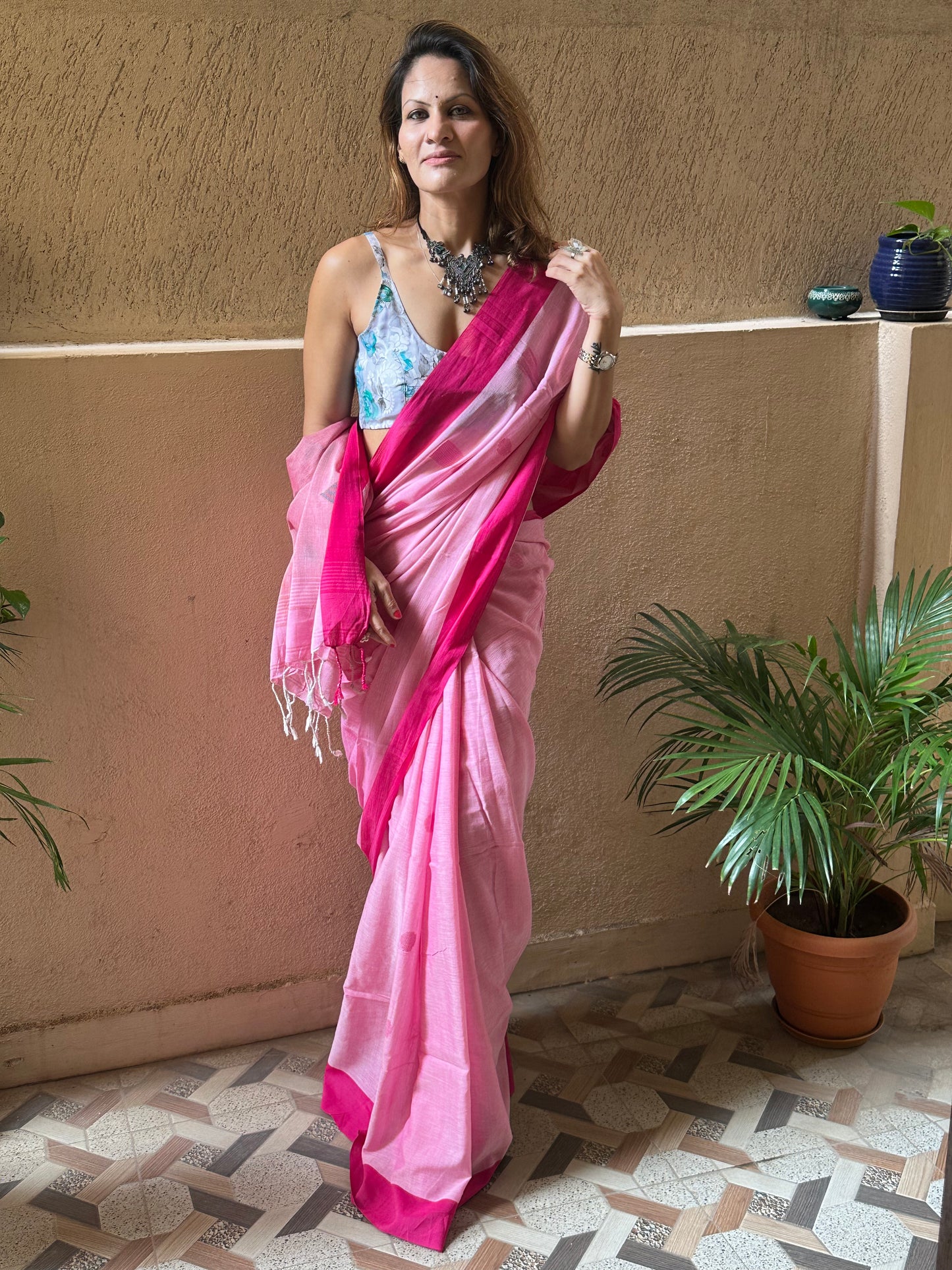 Pink Handloom Pure Cotton Jamdani Sari with Woven Delicate Motifs & Contrast Pink Border