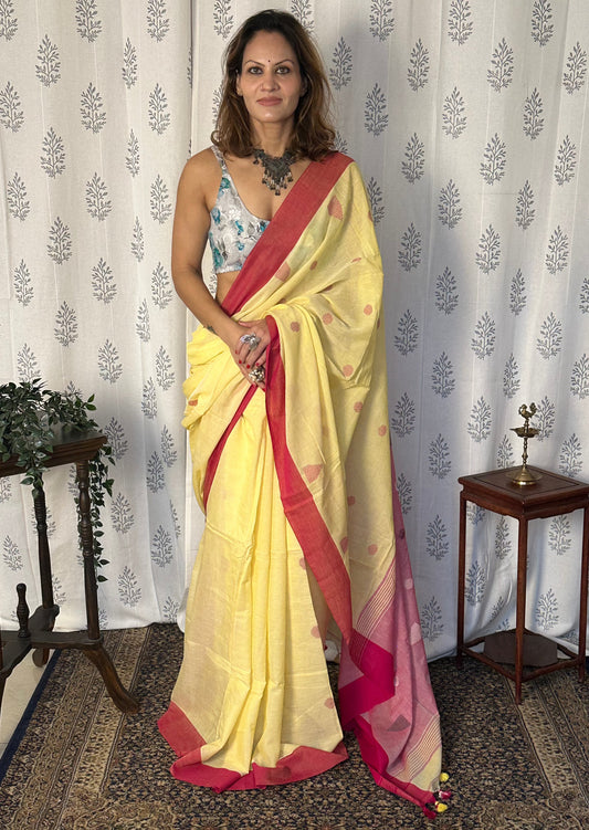 Yellow Handloom Pure Cotton Jamdani Sari with Woven Delicate Motifs & Contrast Red Border & Pink Pallu