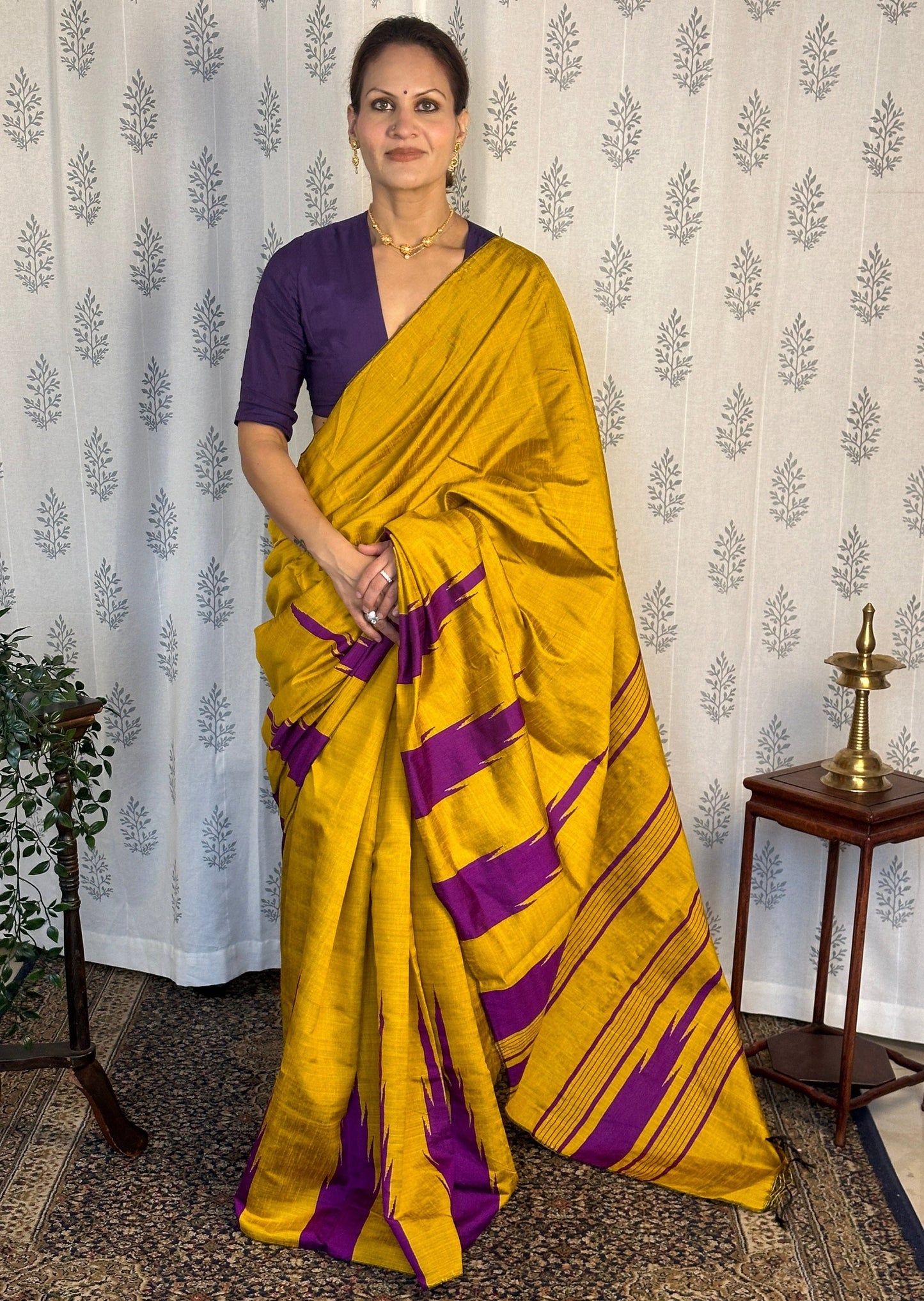 Mustard Yellow Pure Raw Silk Saree with Purple Temple Border