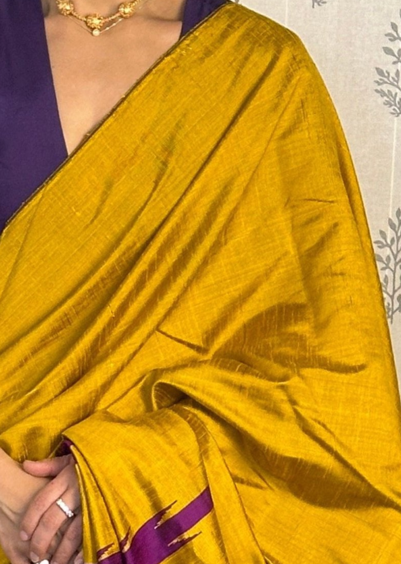 Mustard Yellow Pure Raw Silk Saree with Purple Temple Border