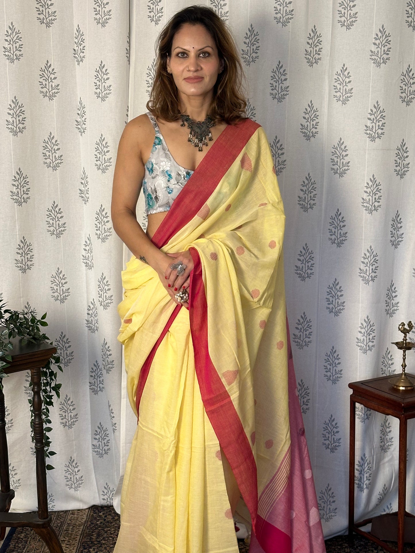 Yellow Handloom Pure Cotton Jamdani Sari with Woven Delicate Motifs & Contrast Red Border & Pink Pallu